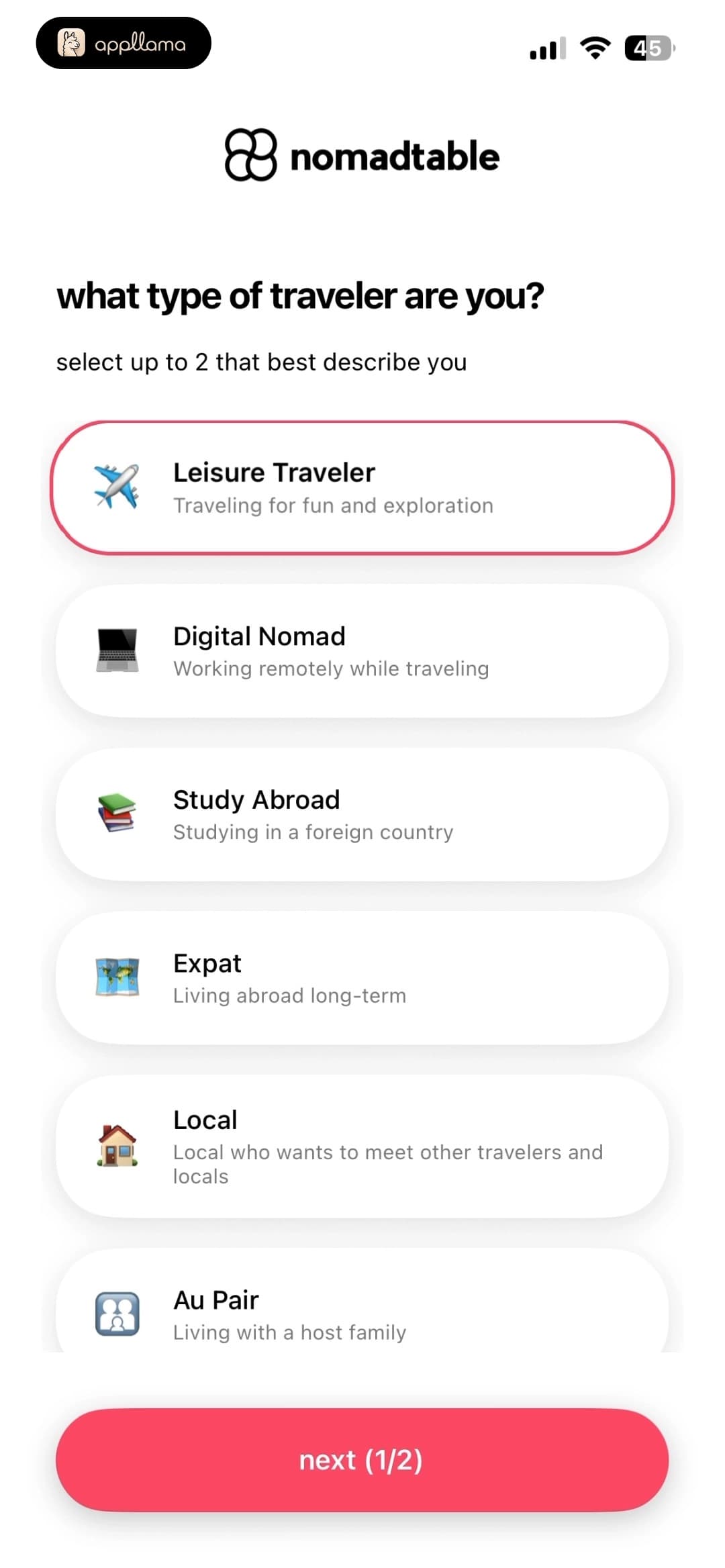 Traveler Type Selection