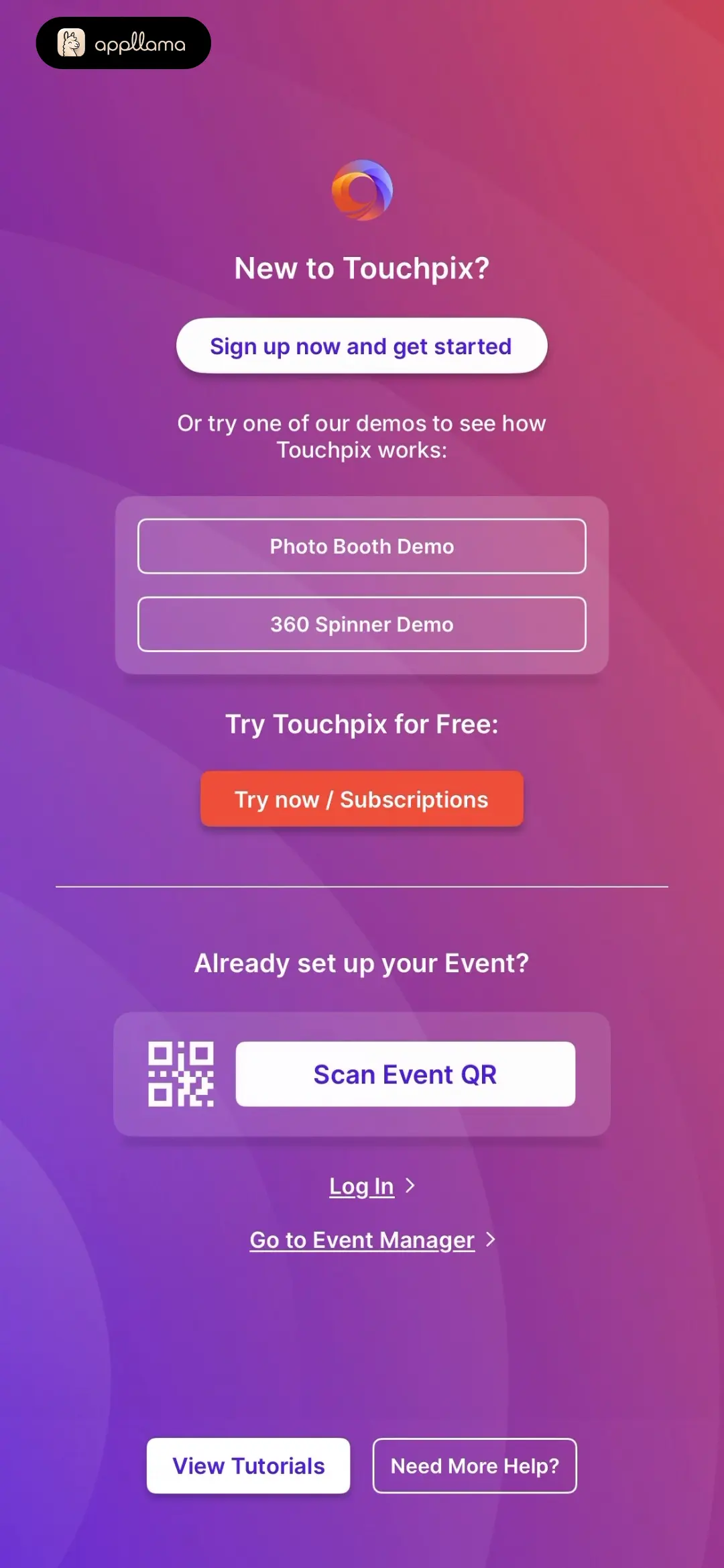 Touchpix · Photo & Video Booth Welcome Landing