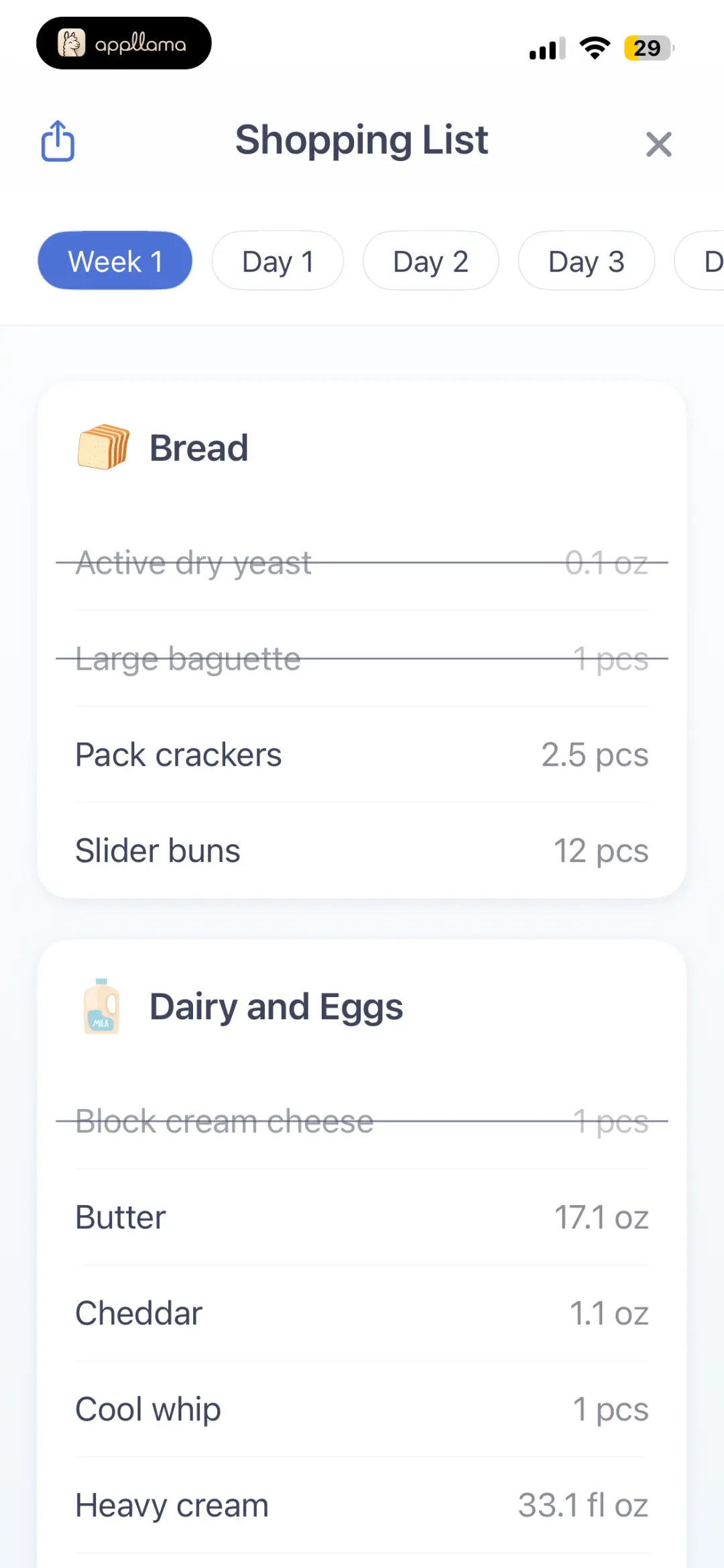 Shopping List Day 1