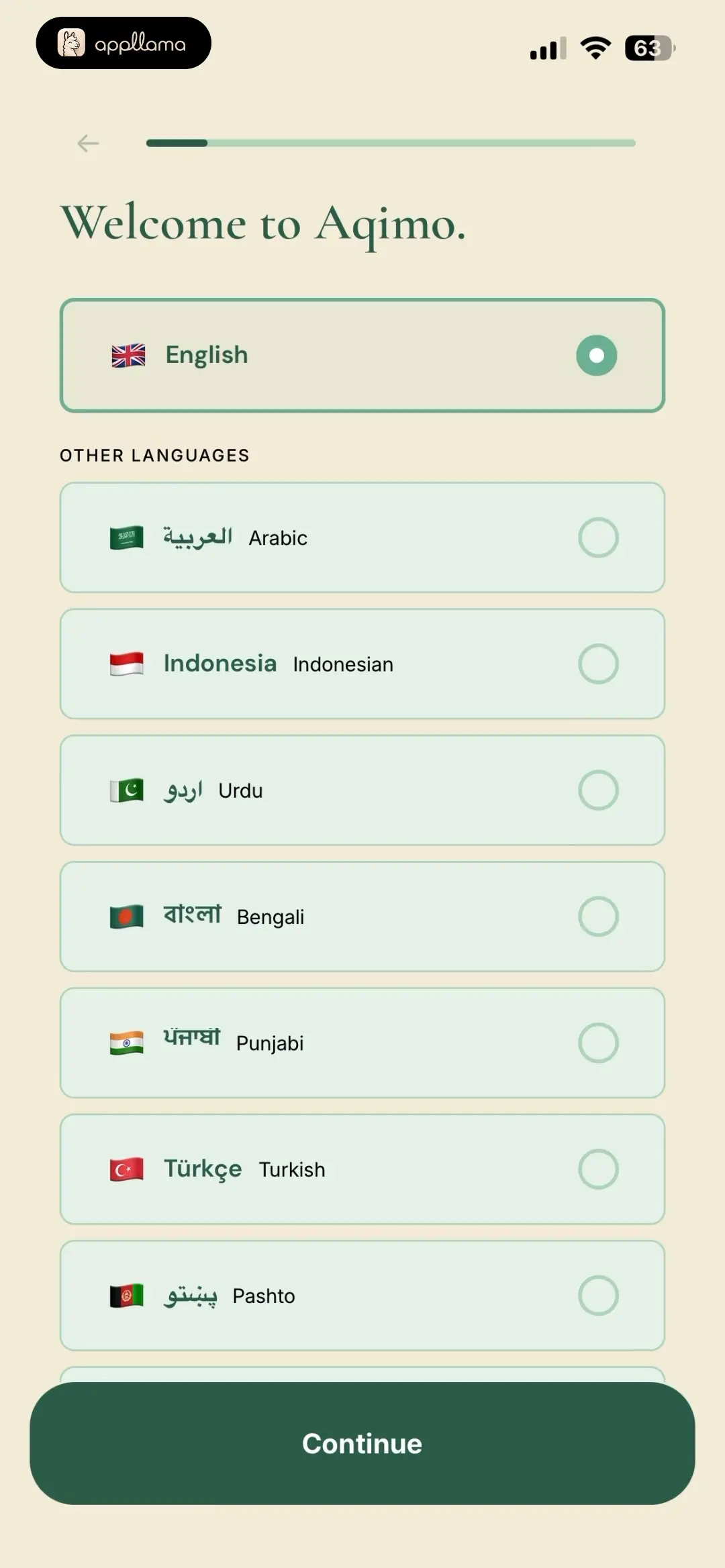 Aqimo: Salah Focus Language Selection