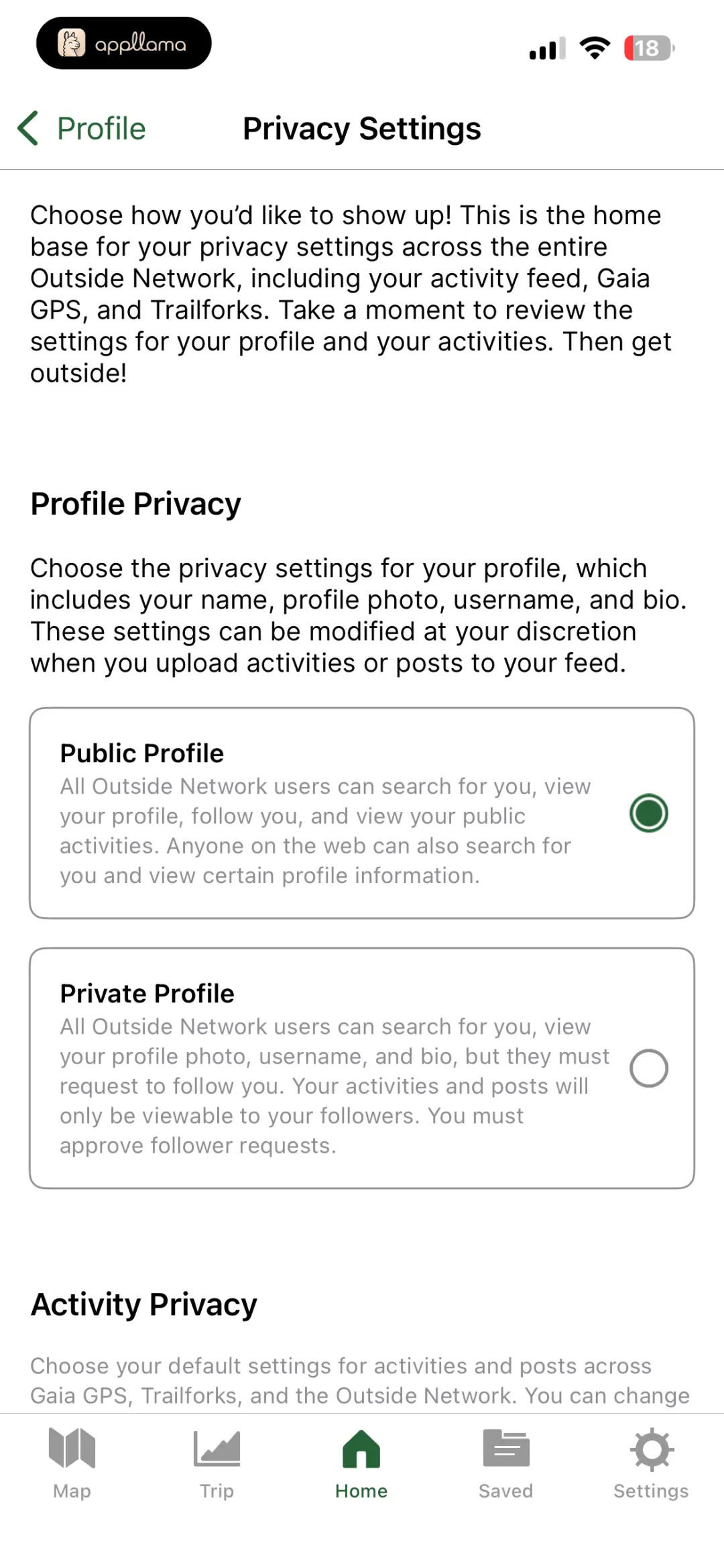 Privacy Settings Top