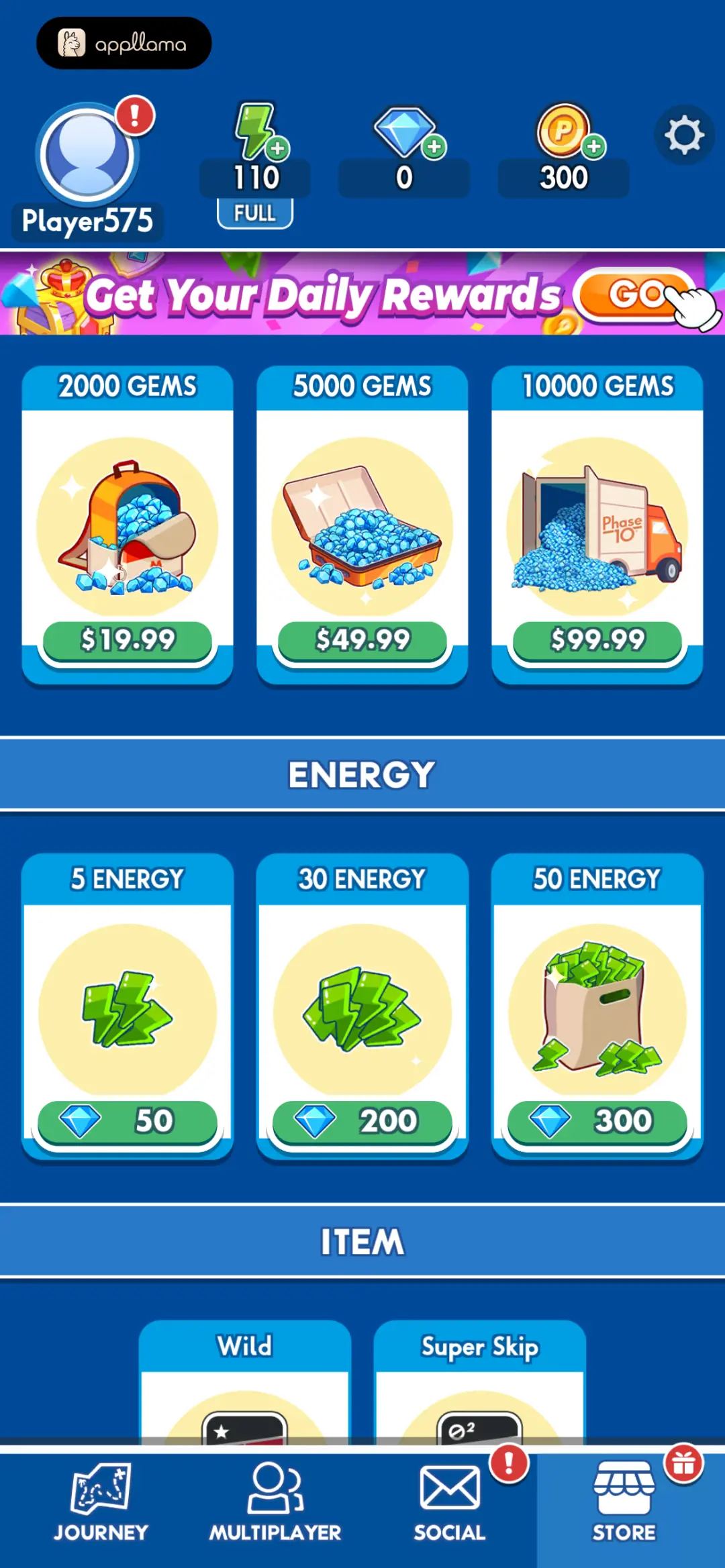 Store Catalog: Energy & Items