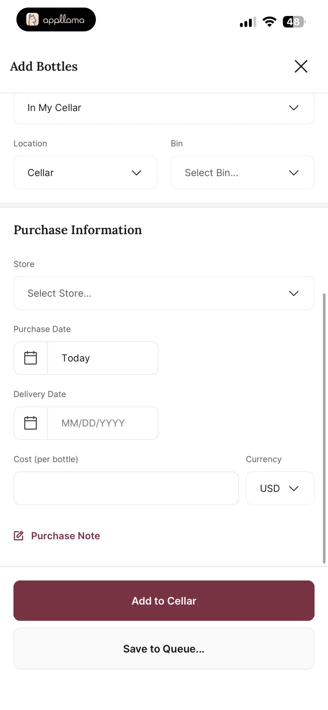 Add Bottles Purchase