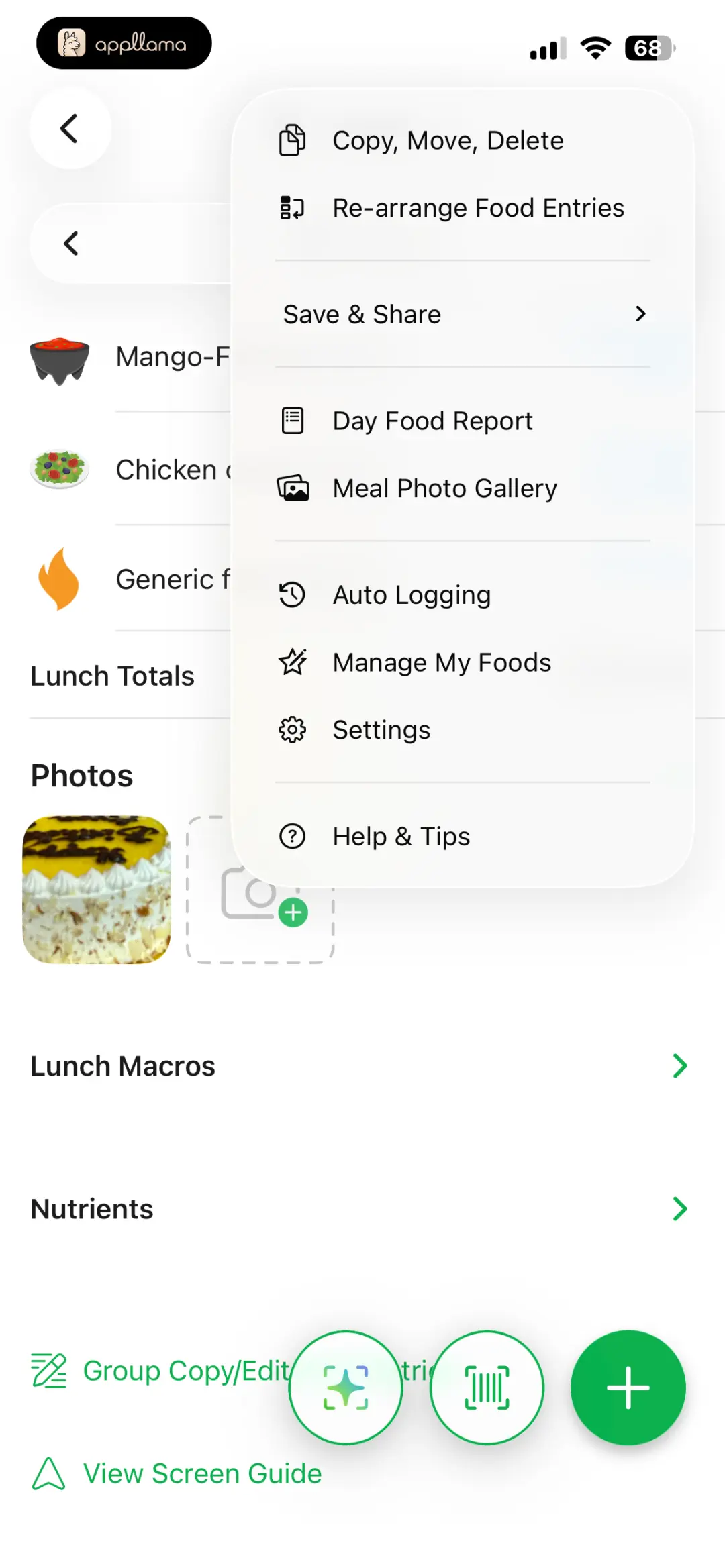 Diary Action Menu