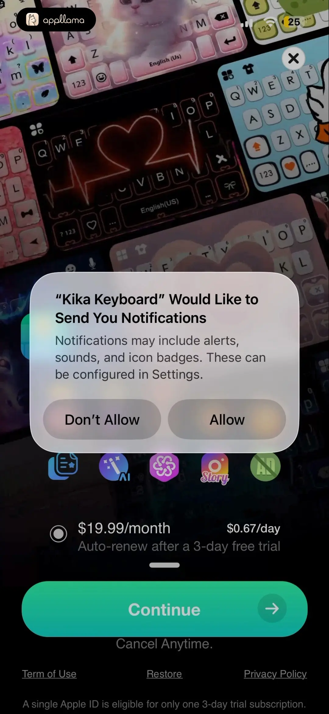 Kika Keyboard: Custom Themes Subscription Permission Prompt
