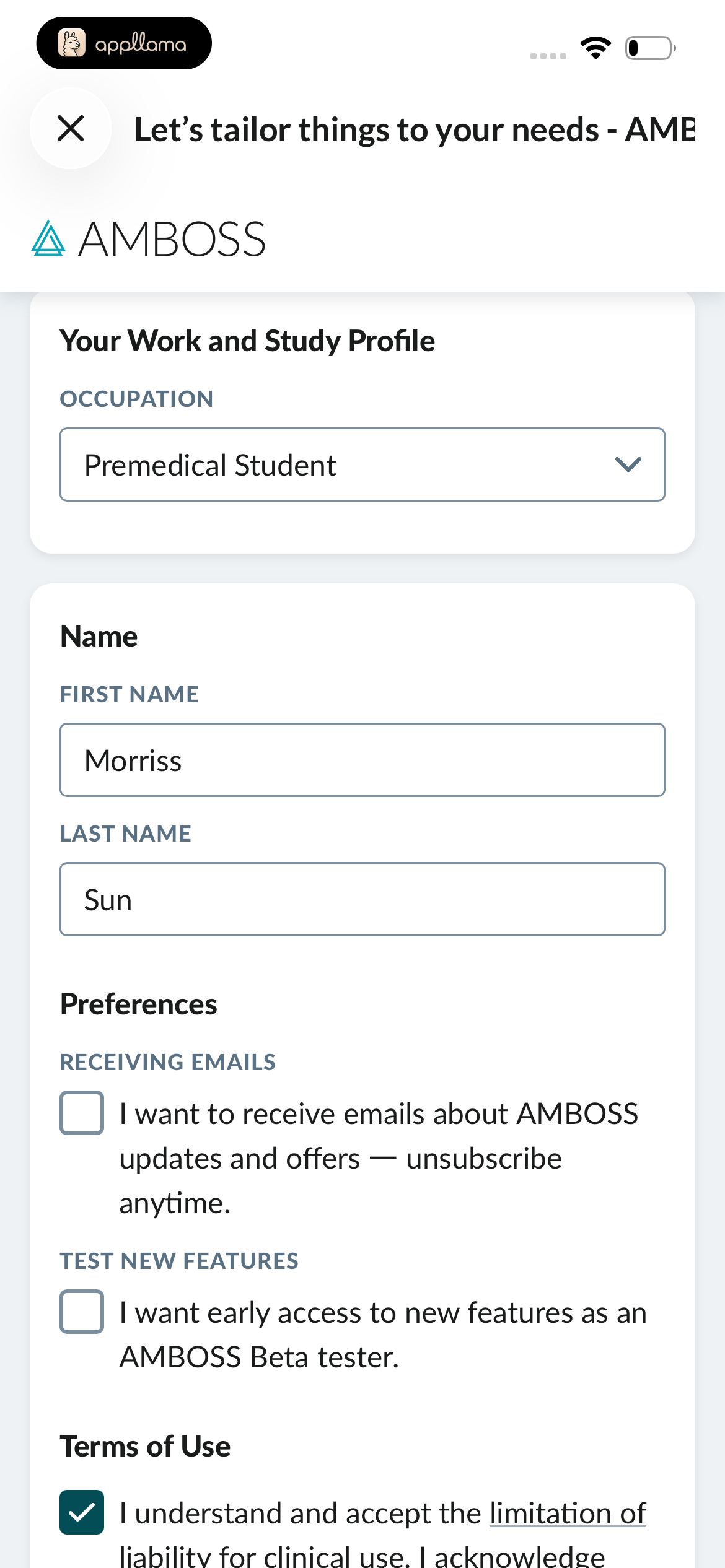 Onboarding Work and Study Profile