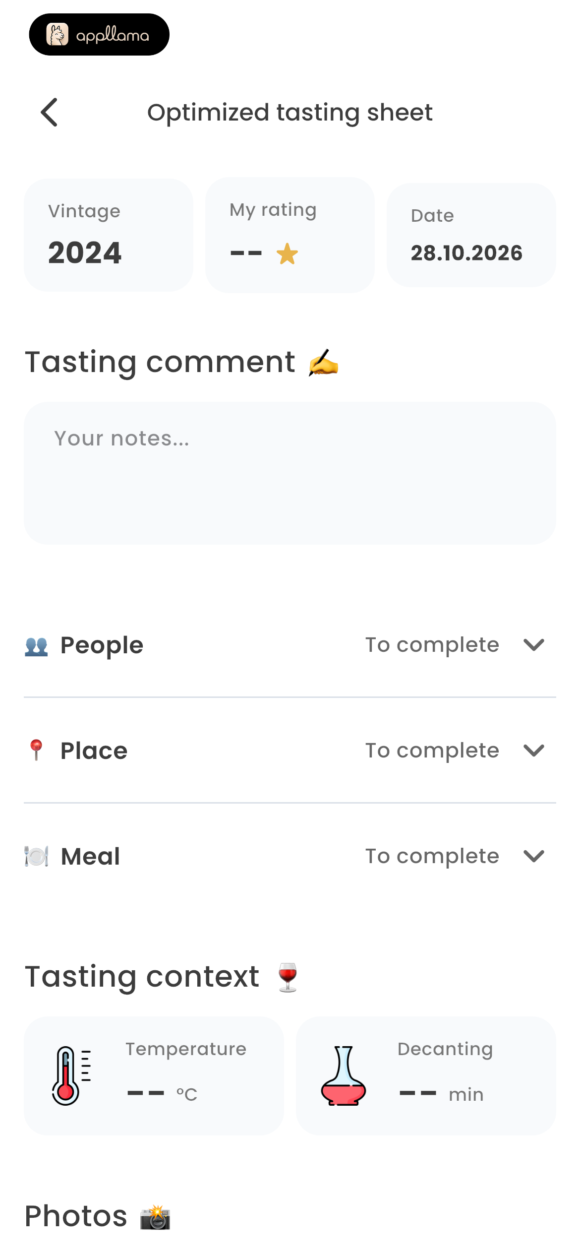 Optimized Tasting Sheet