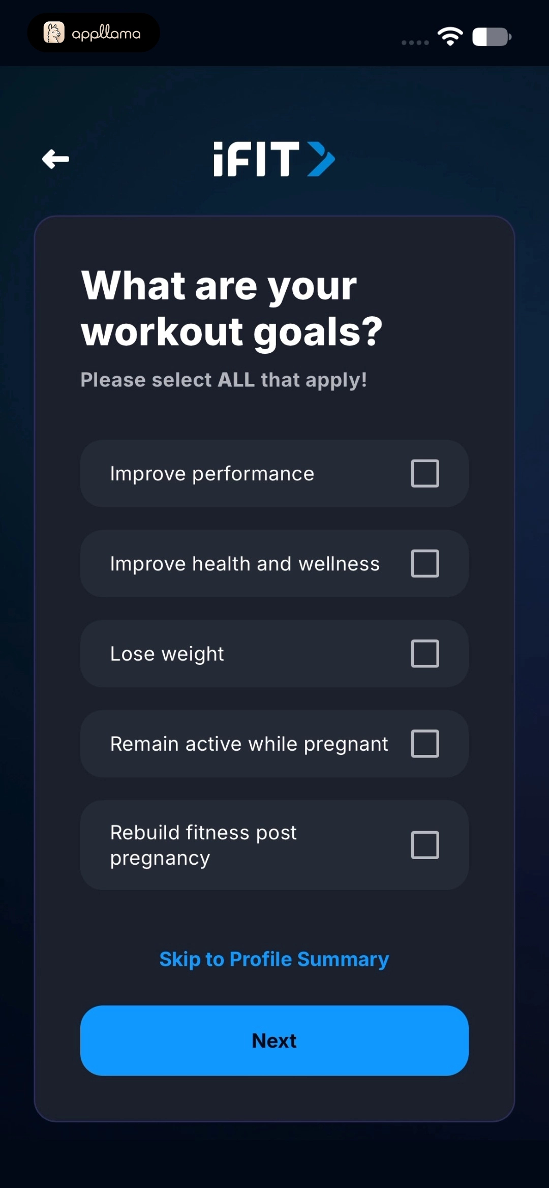 Workout Goals Selection
