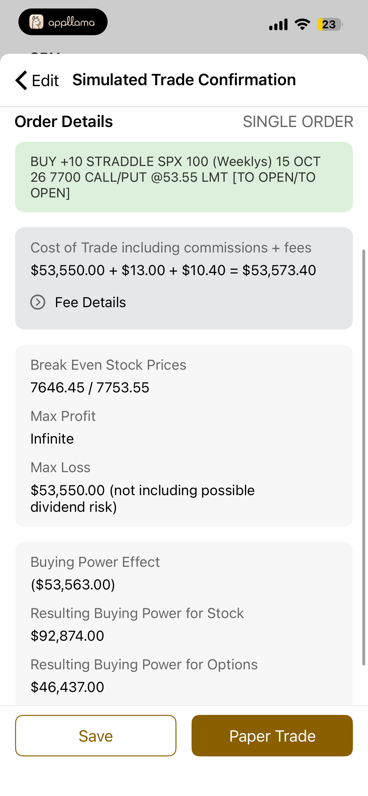 Simulated Trade Confirmation