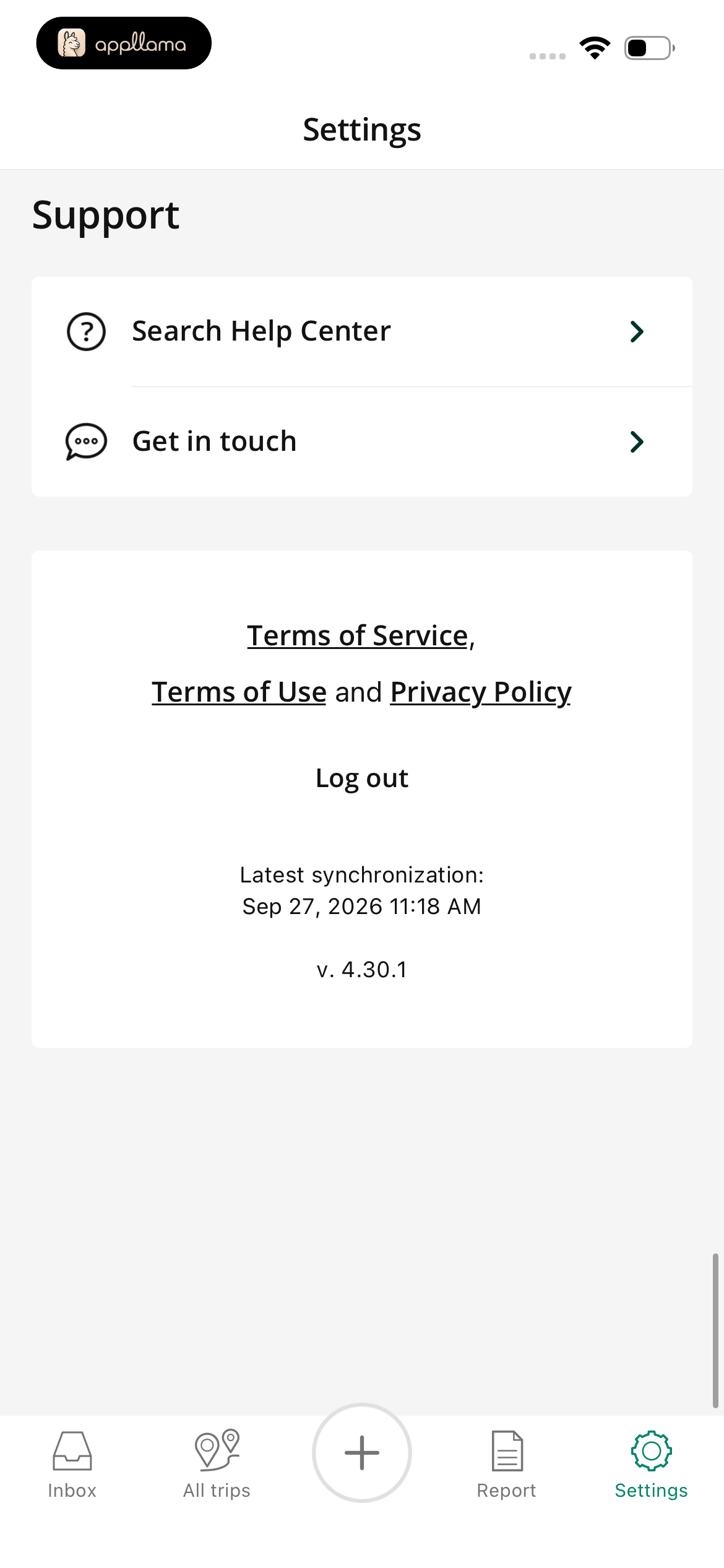 Settings Support Section
