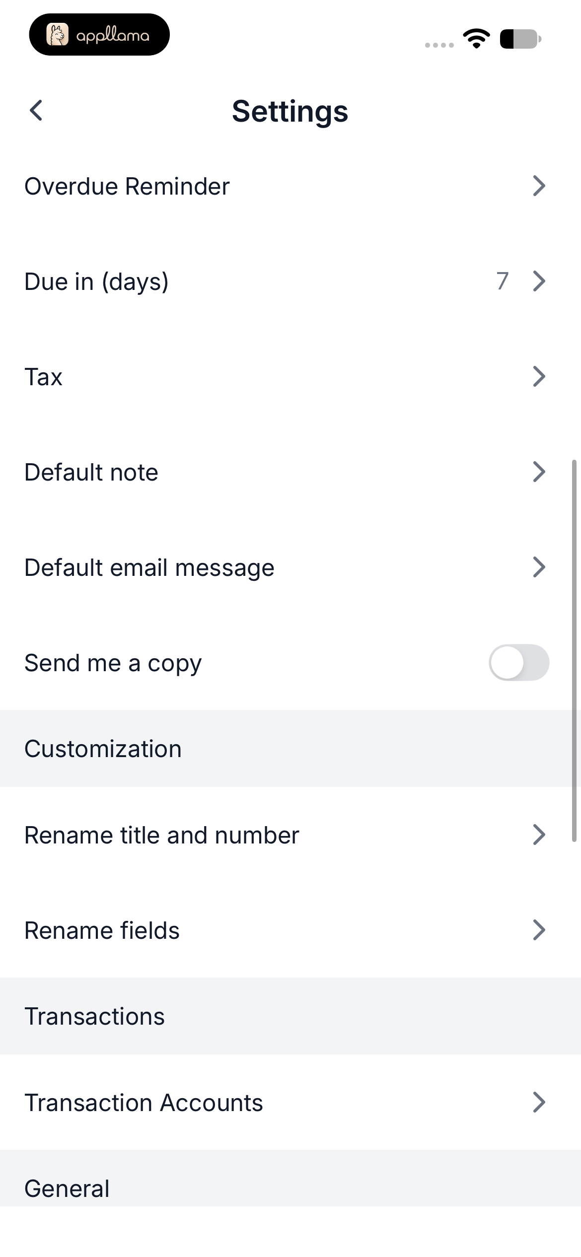 Invoice Default Settings