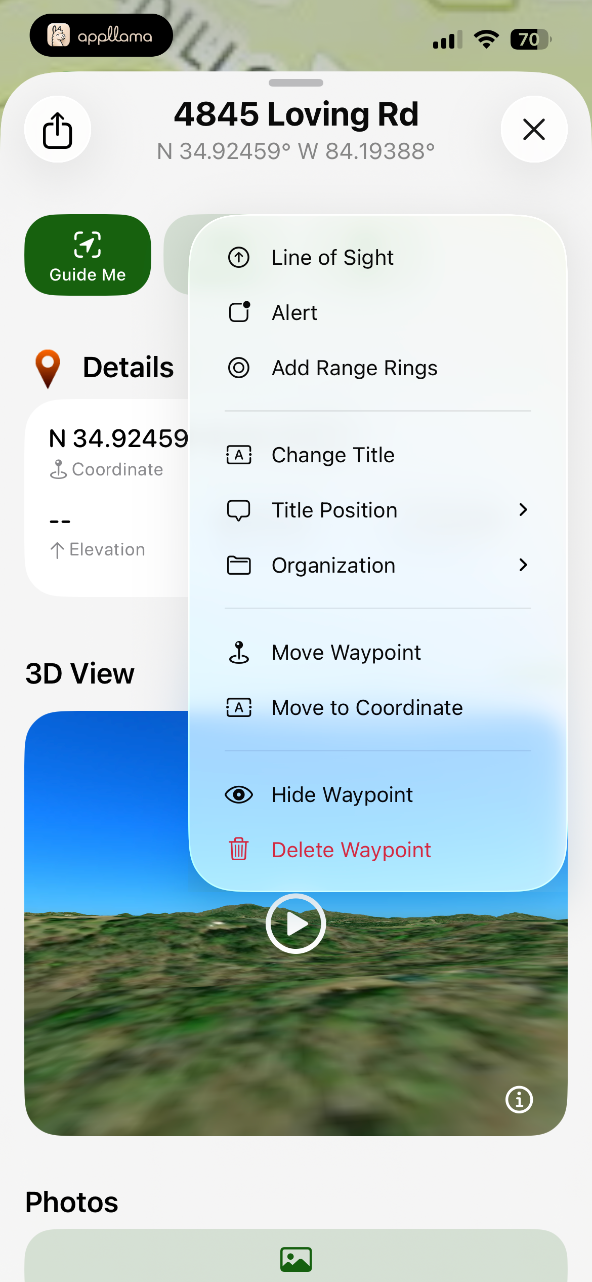 Place Actions Menu