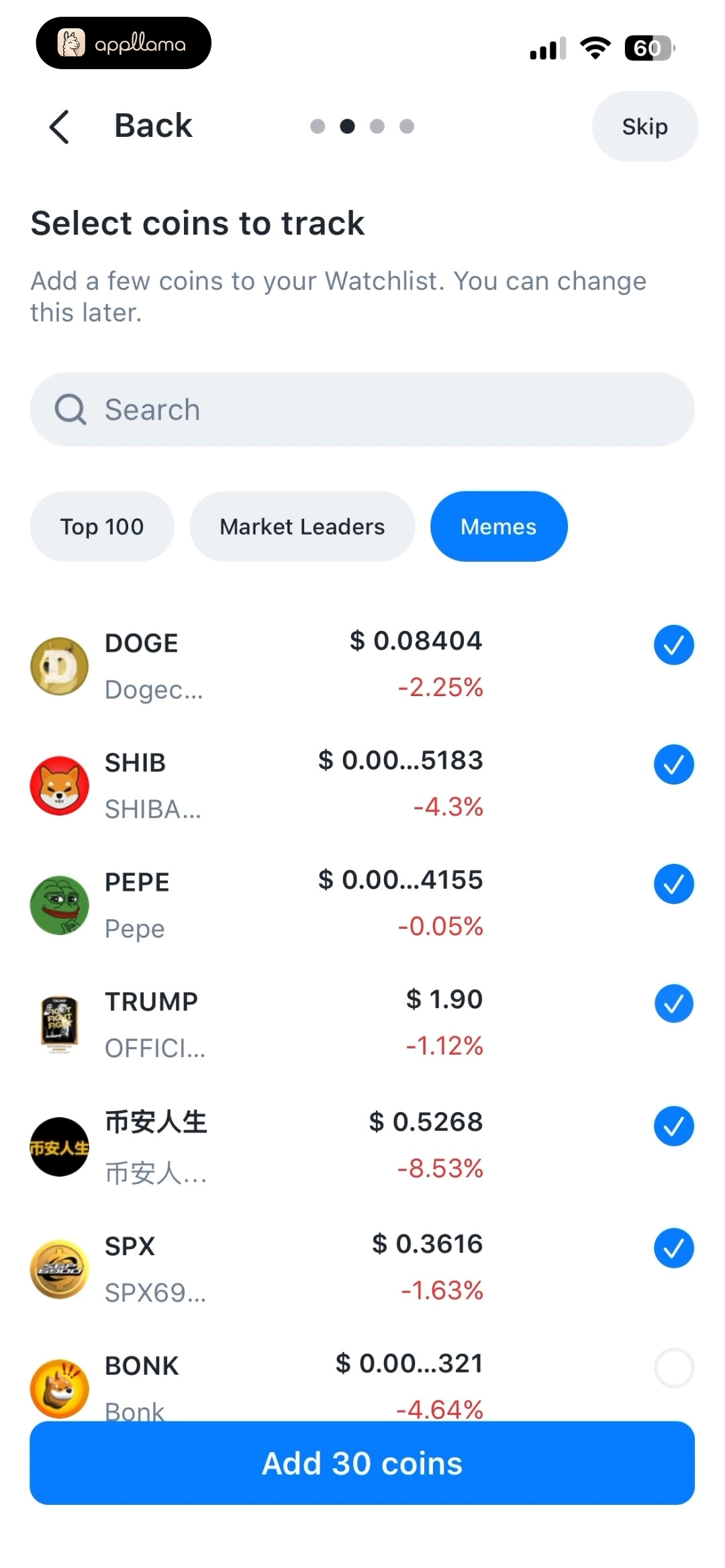 Coin Watchlist Selection