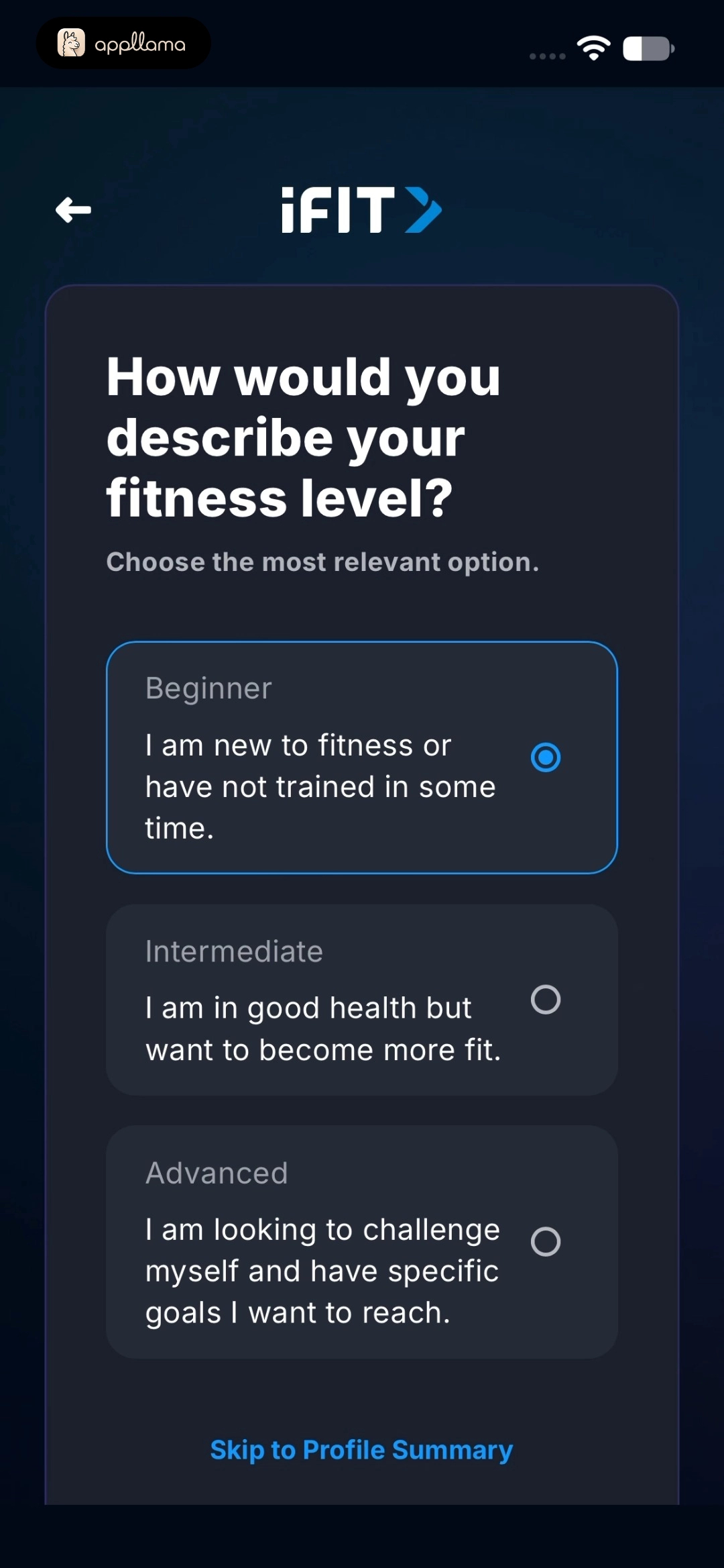 Fitness Level Selection