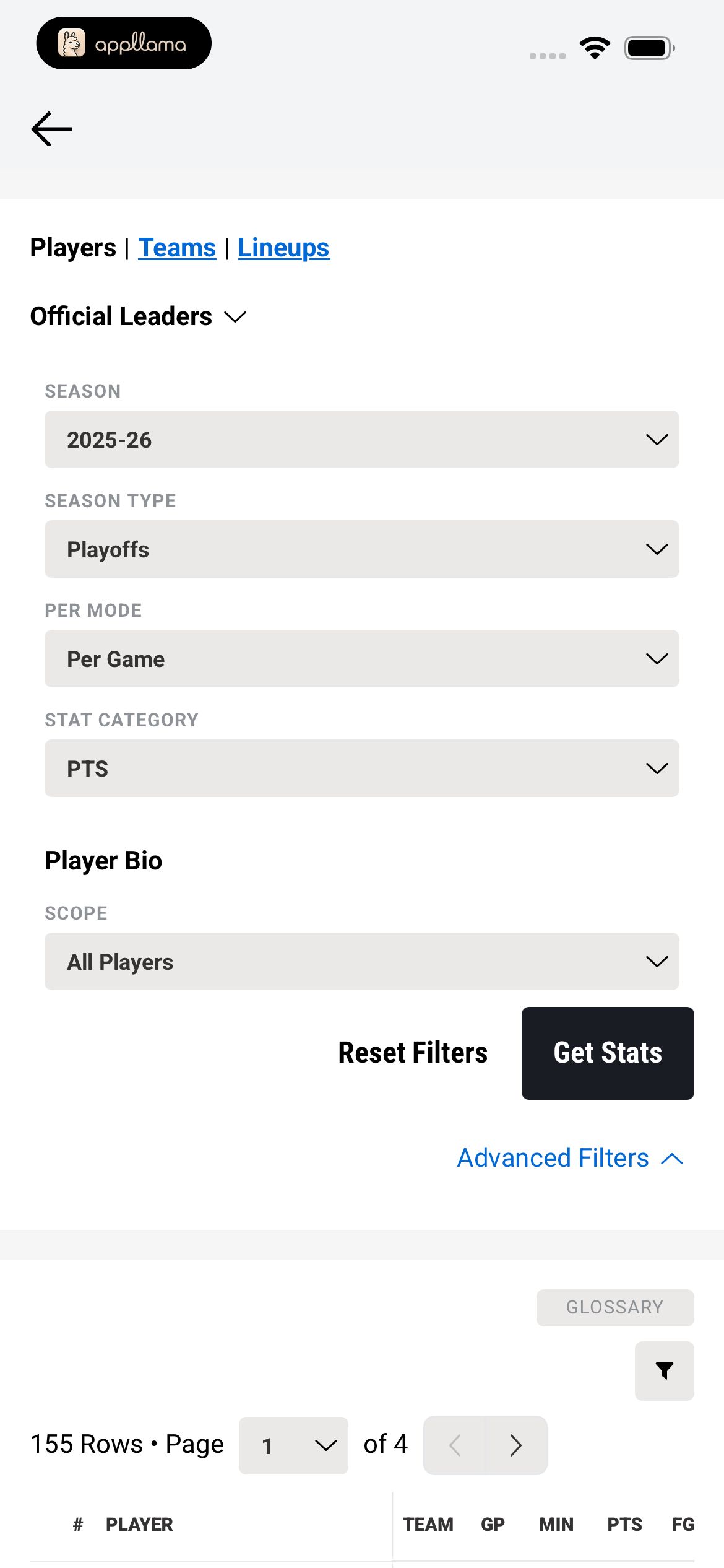 Stats Filter Form