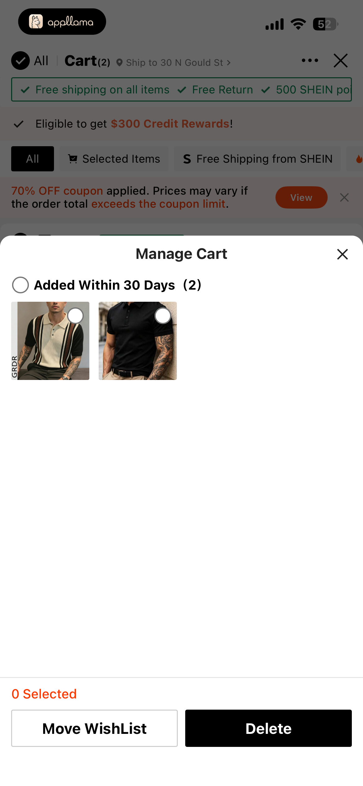 Manage Cart Sheet