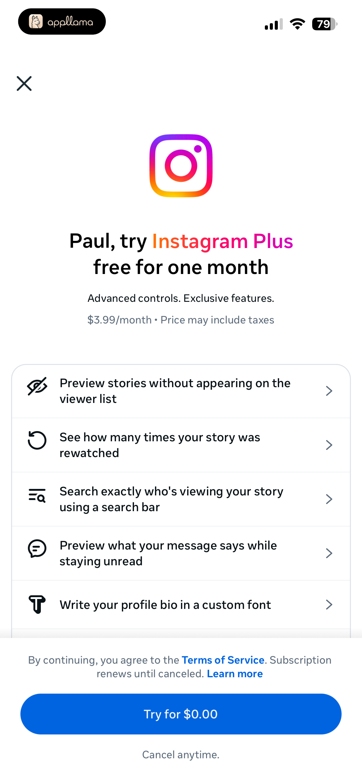 Instagram Plus Subscription Offer