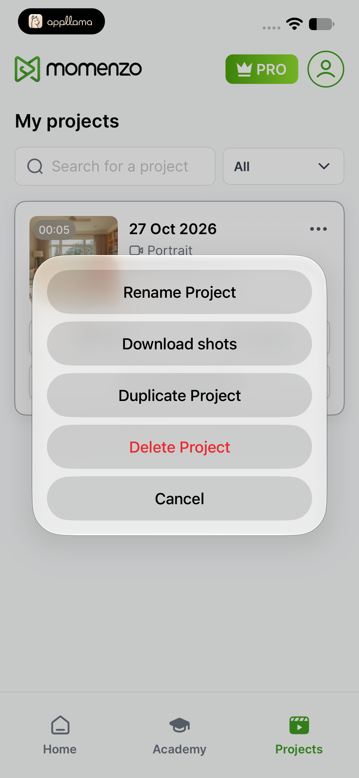 Project Actions Menu