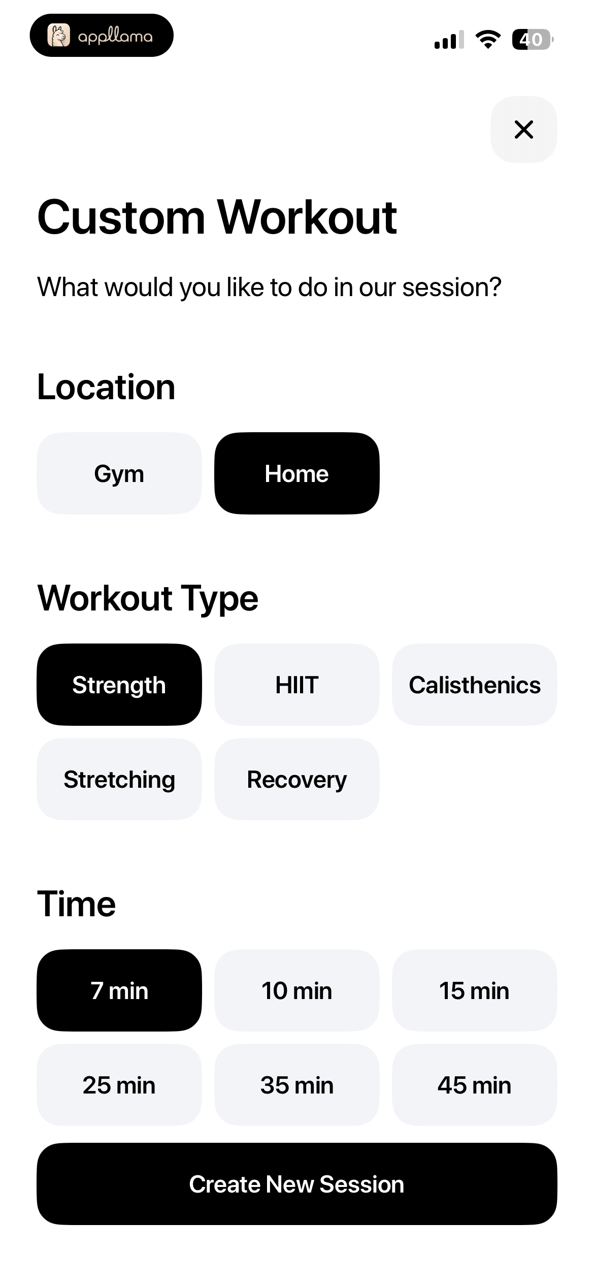 Custom Workout Setup
