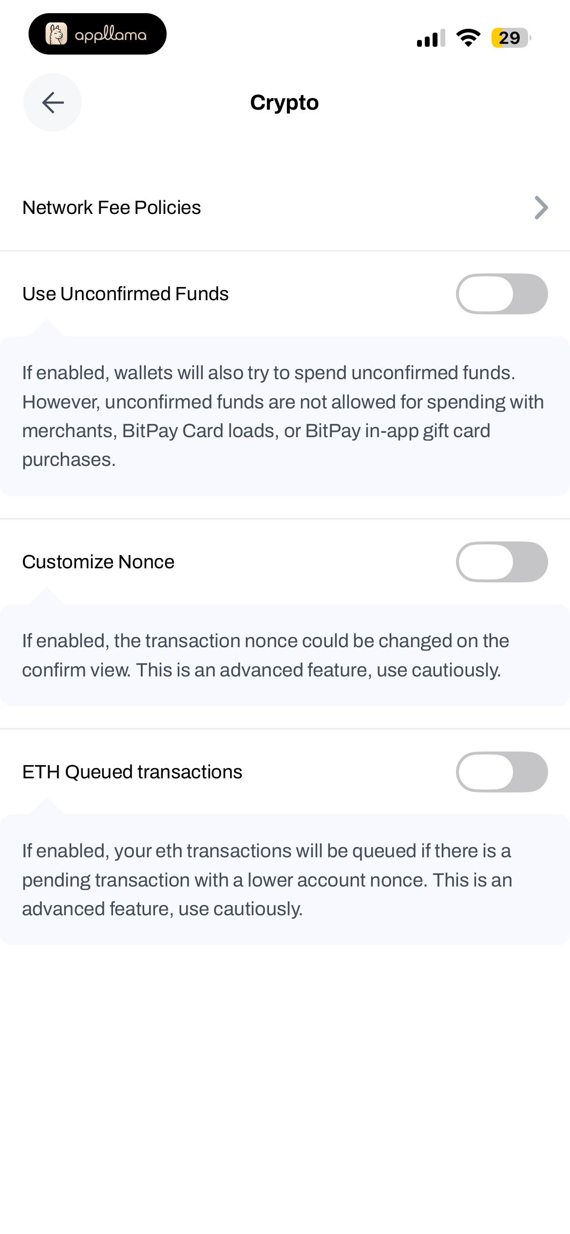 Crypto Settings