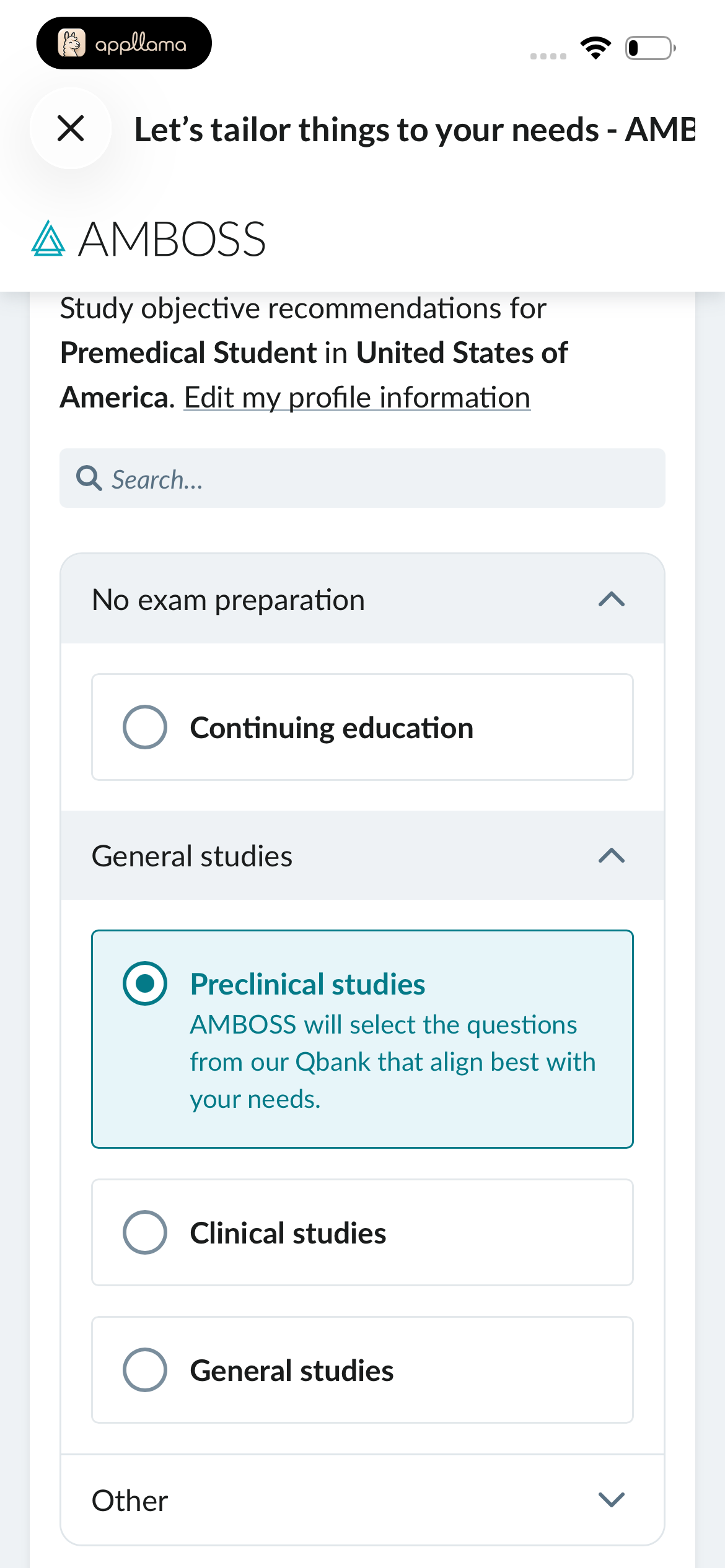 Onboarding Study Goals Selection