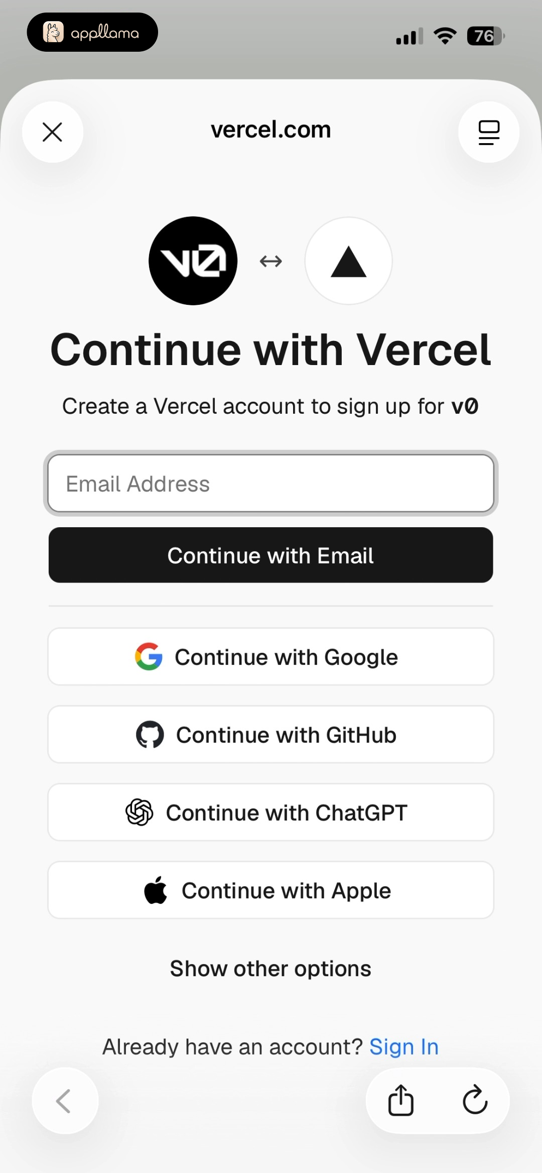 Vercel Sign-Up Options