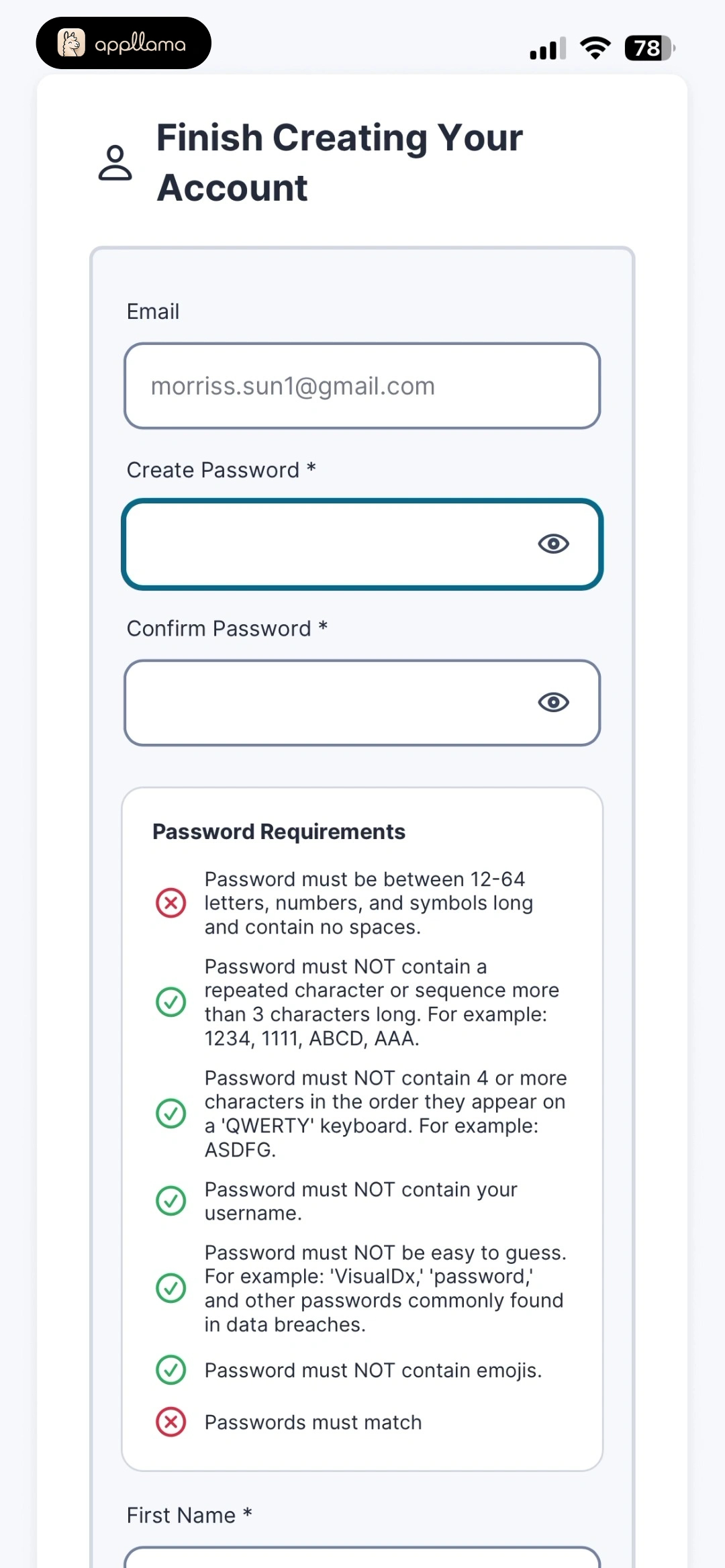 Account Setup Password Rules