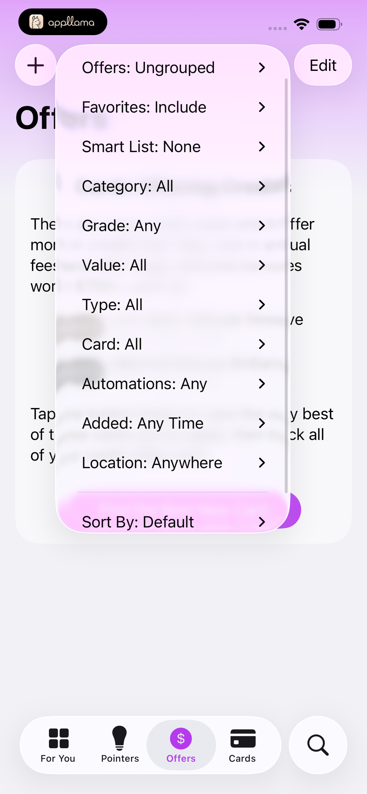 Offers Filter Menu