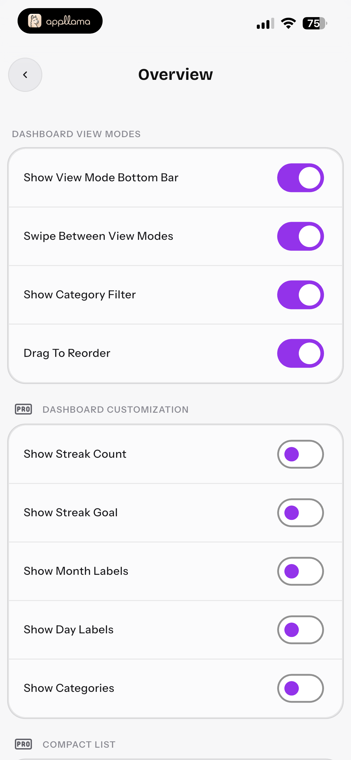 Overview Settings