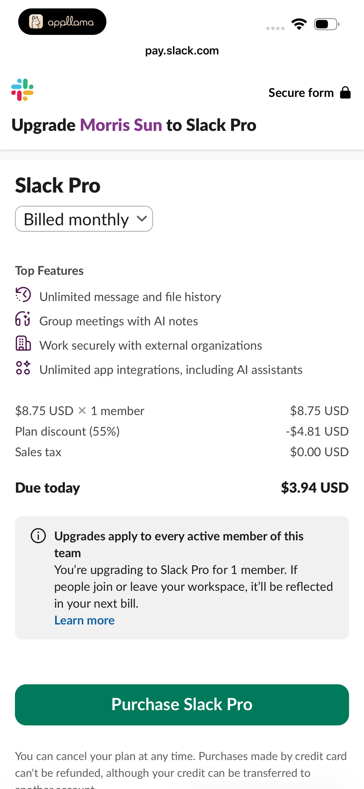 Slack Pro Checkout
