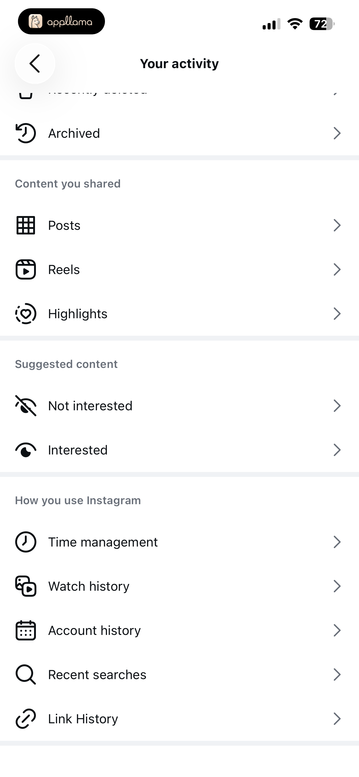 Your Activity Menu