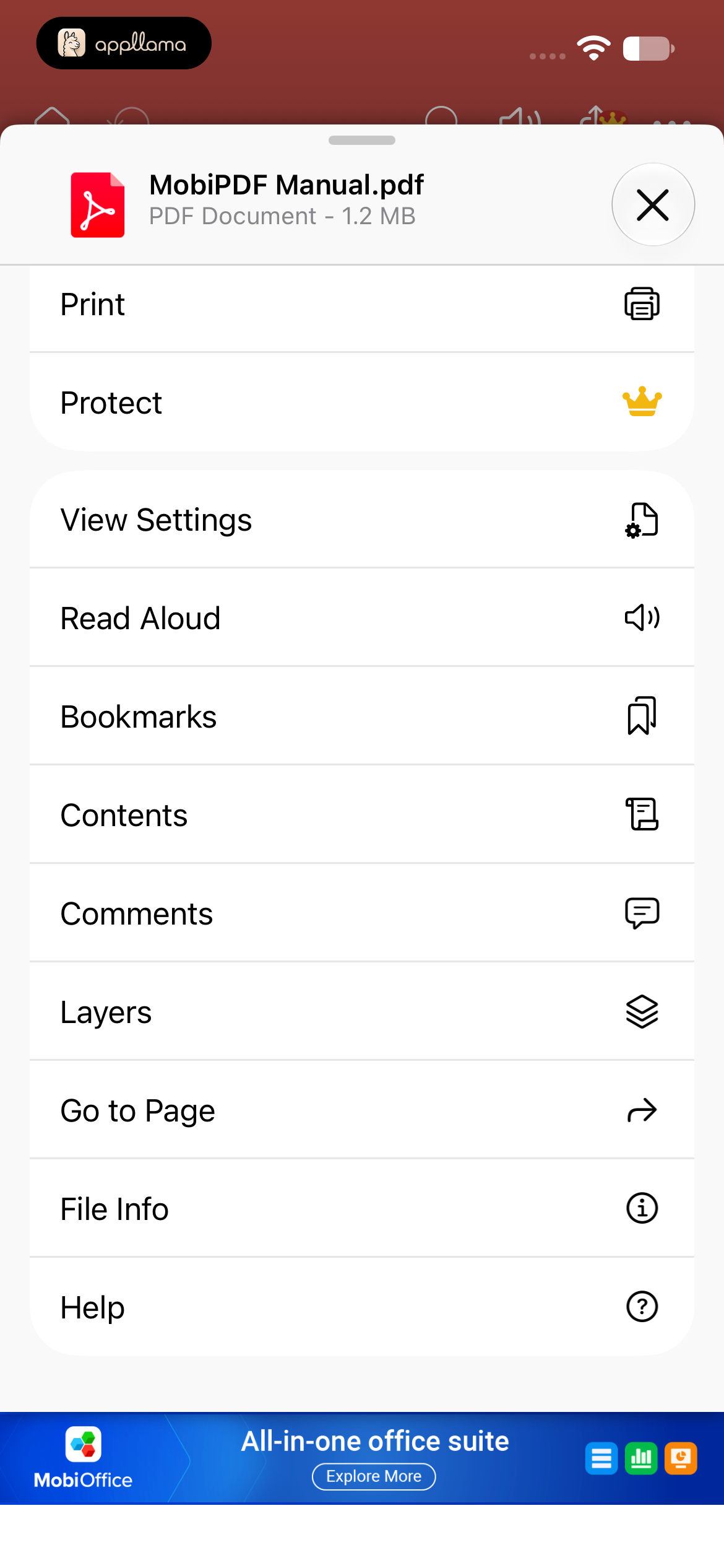 PDF Document Menu