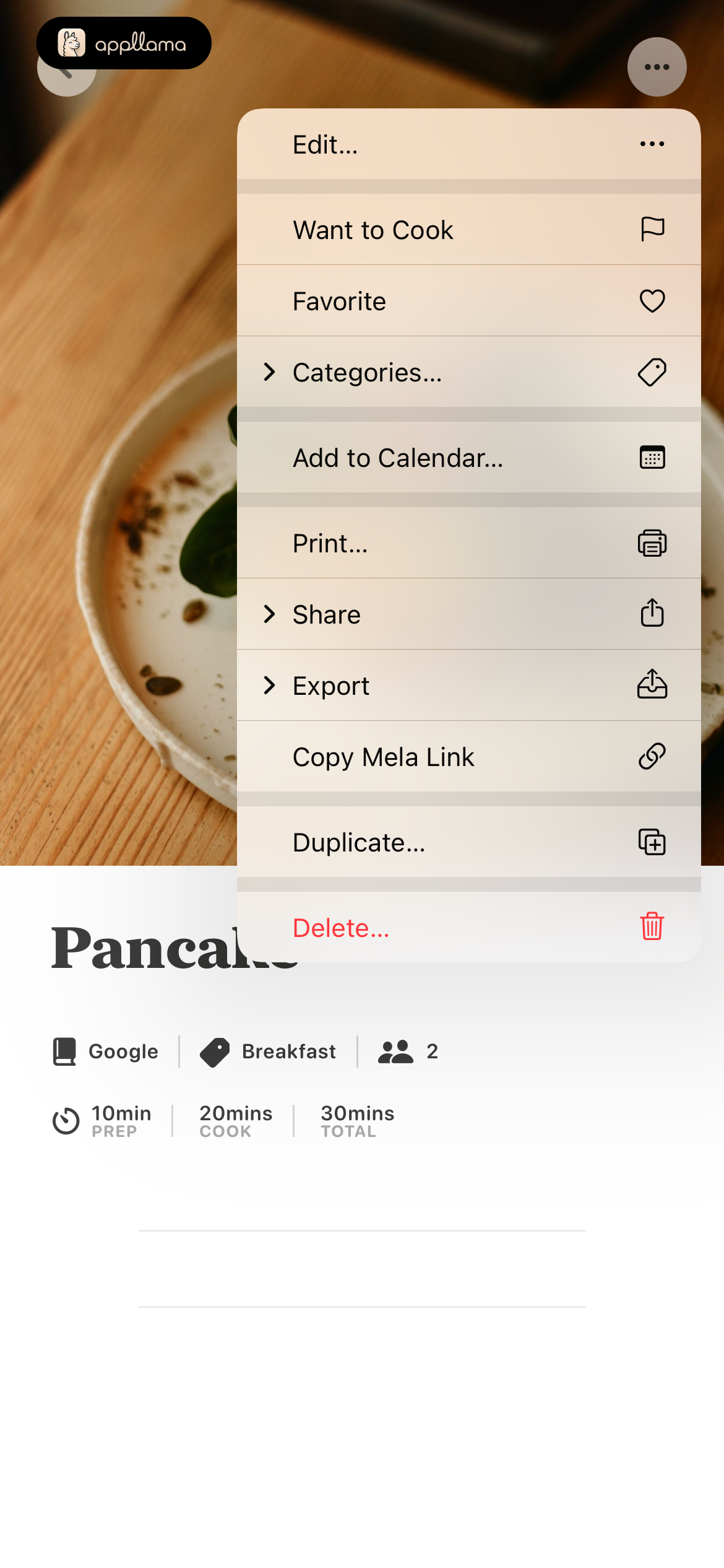 Recipe Actions Menu
