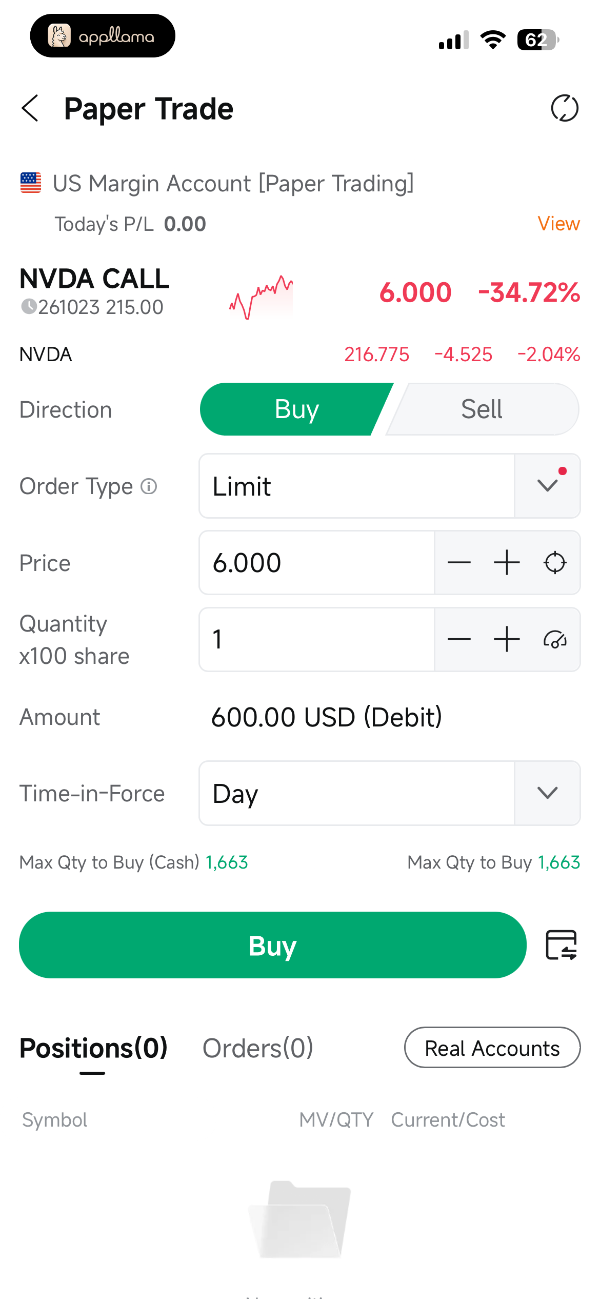 Paper Trade Buy Order