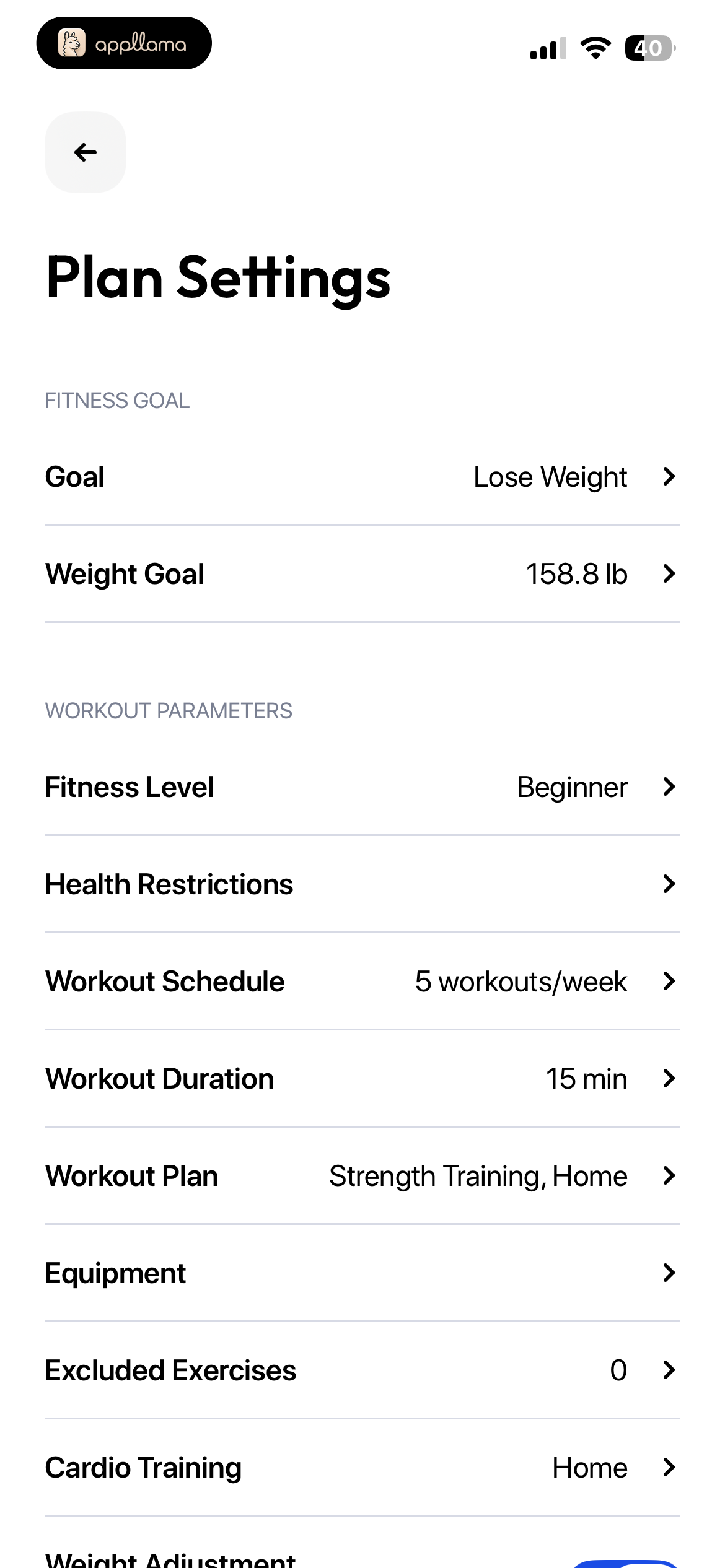 Workout Plan Settings