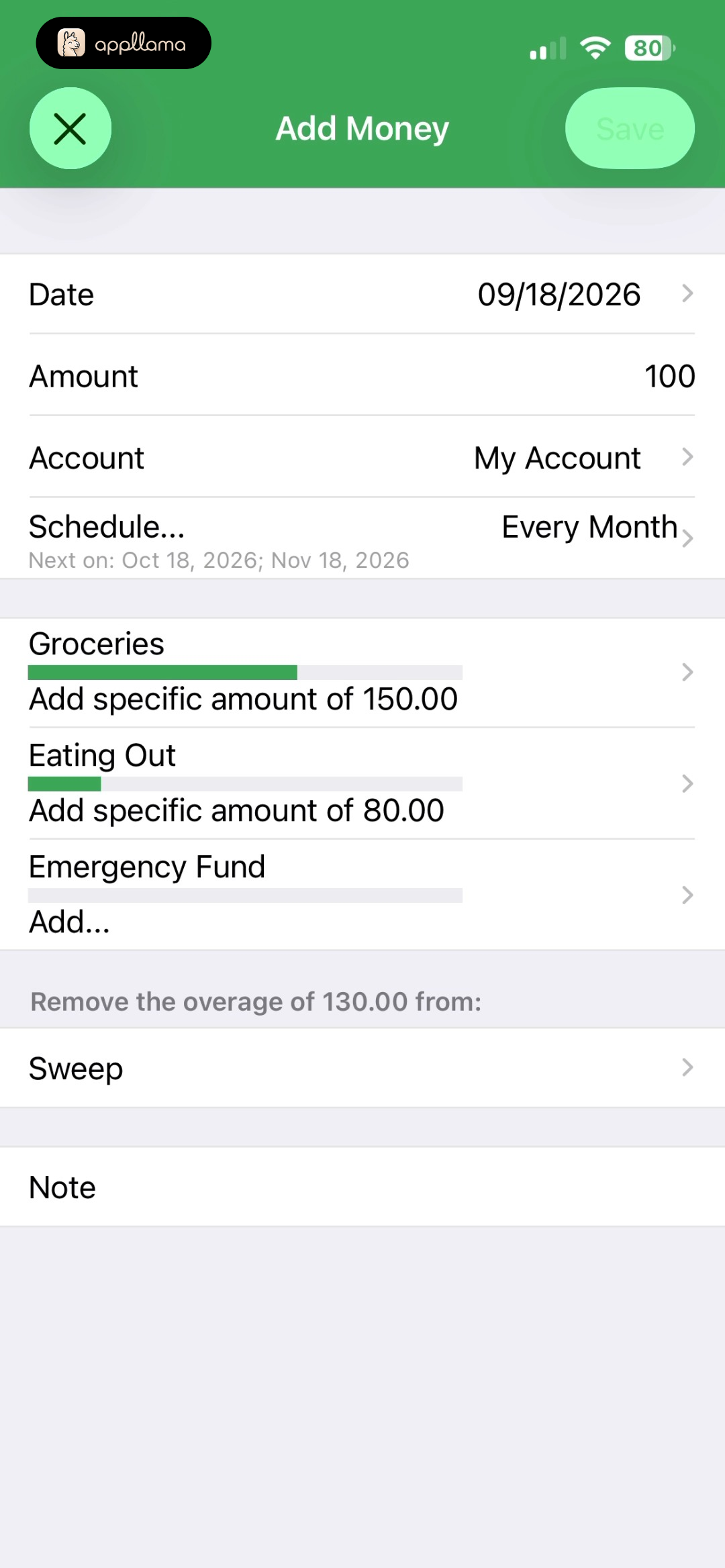 Add Money Allocated