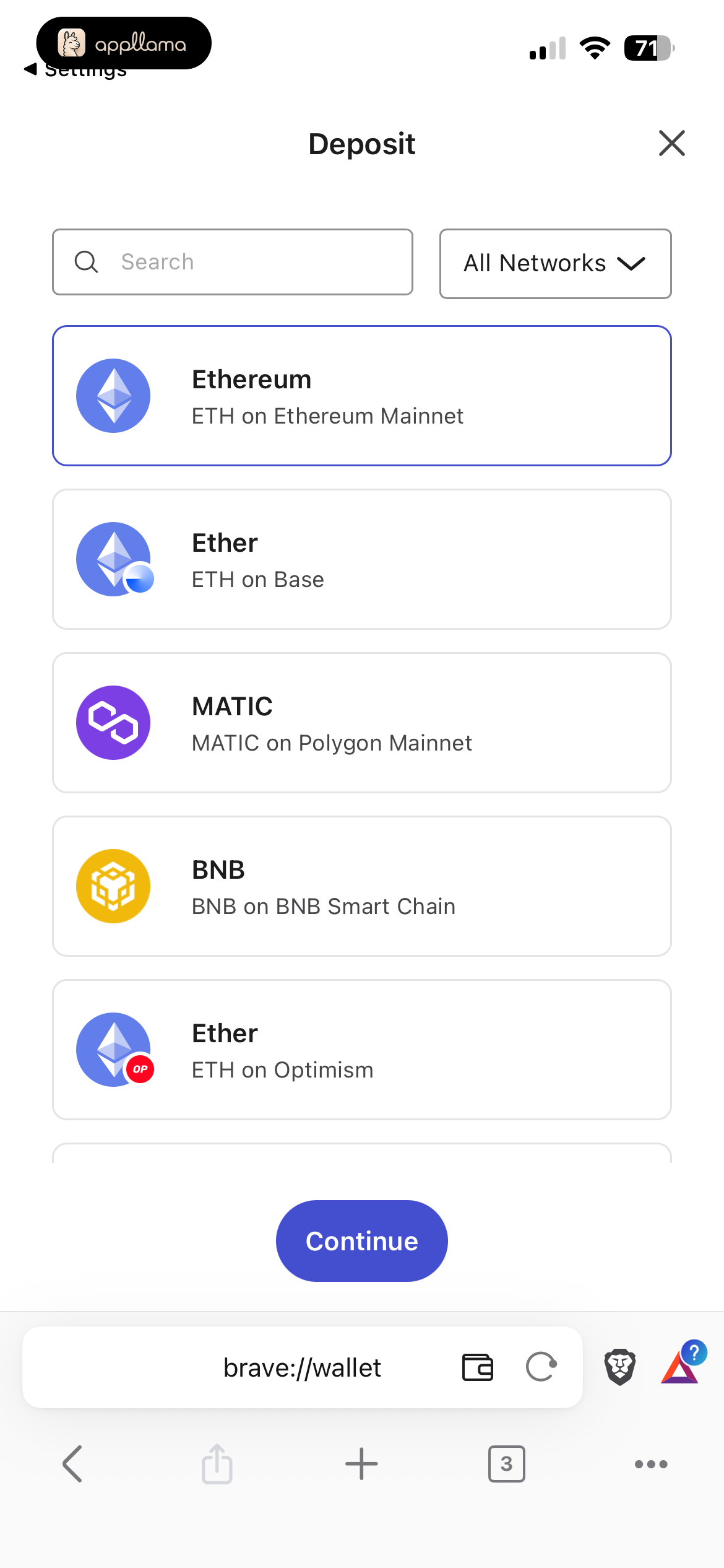 Deposit Asset Picker