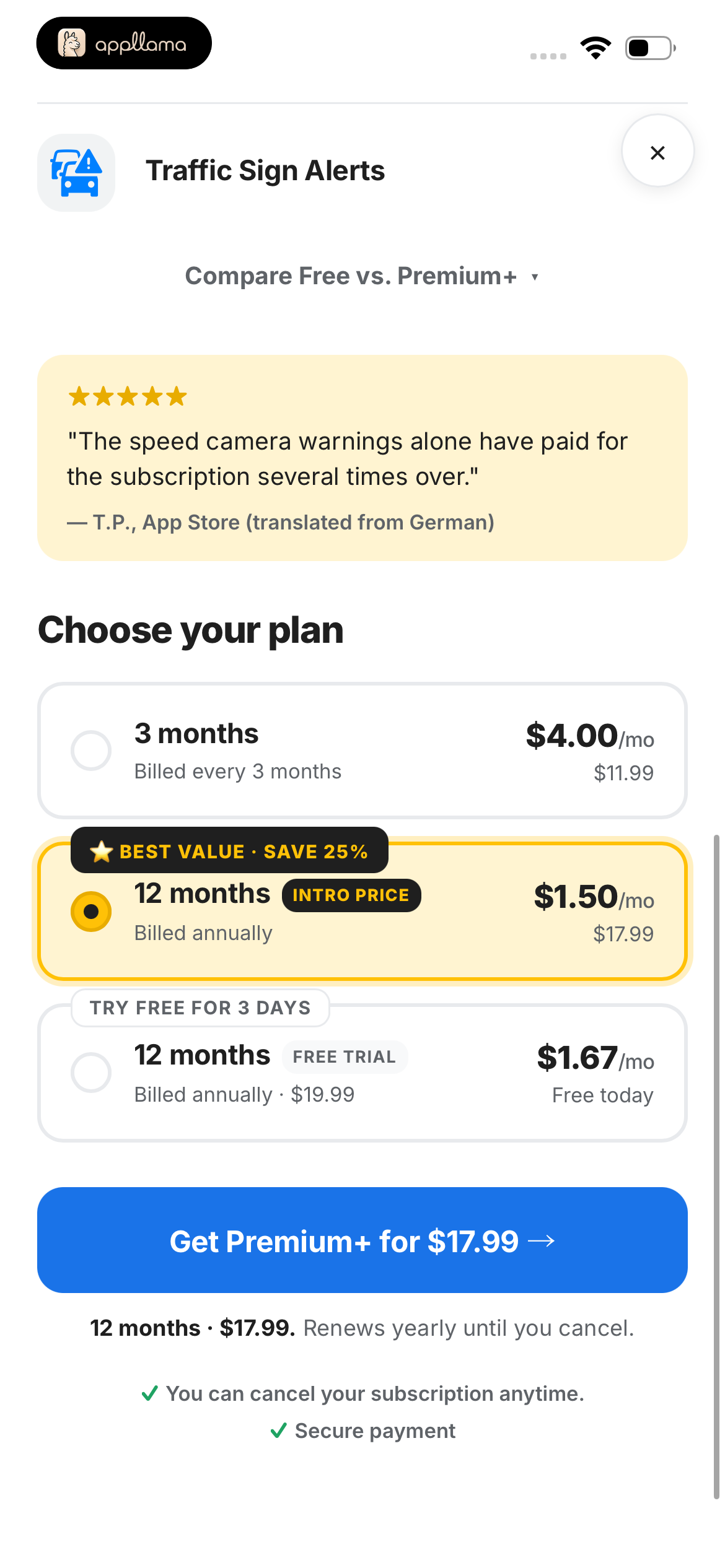 Premium+ Subscription Plan Selection
