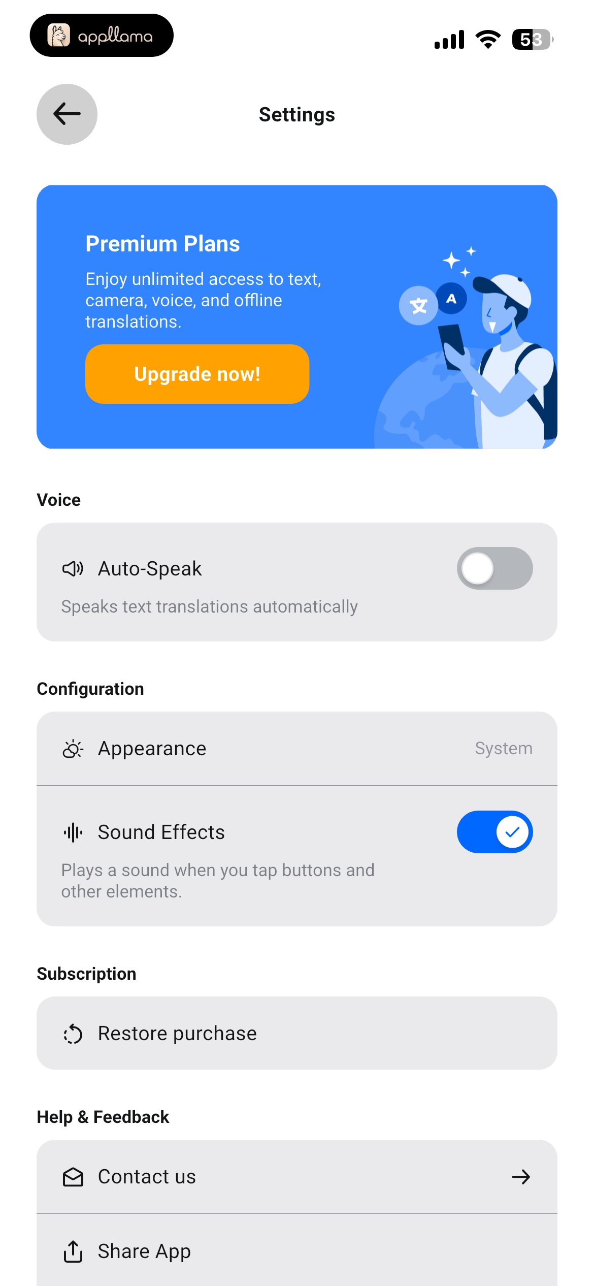 Settings Upper Section