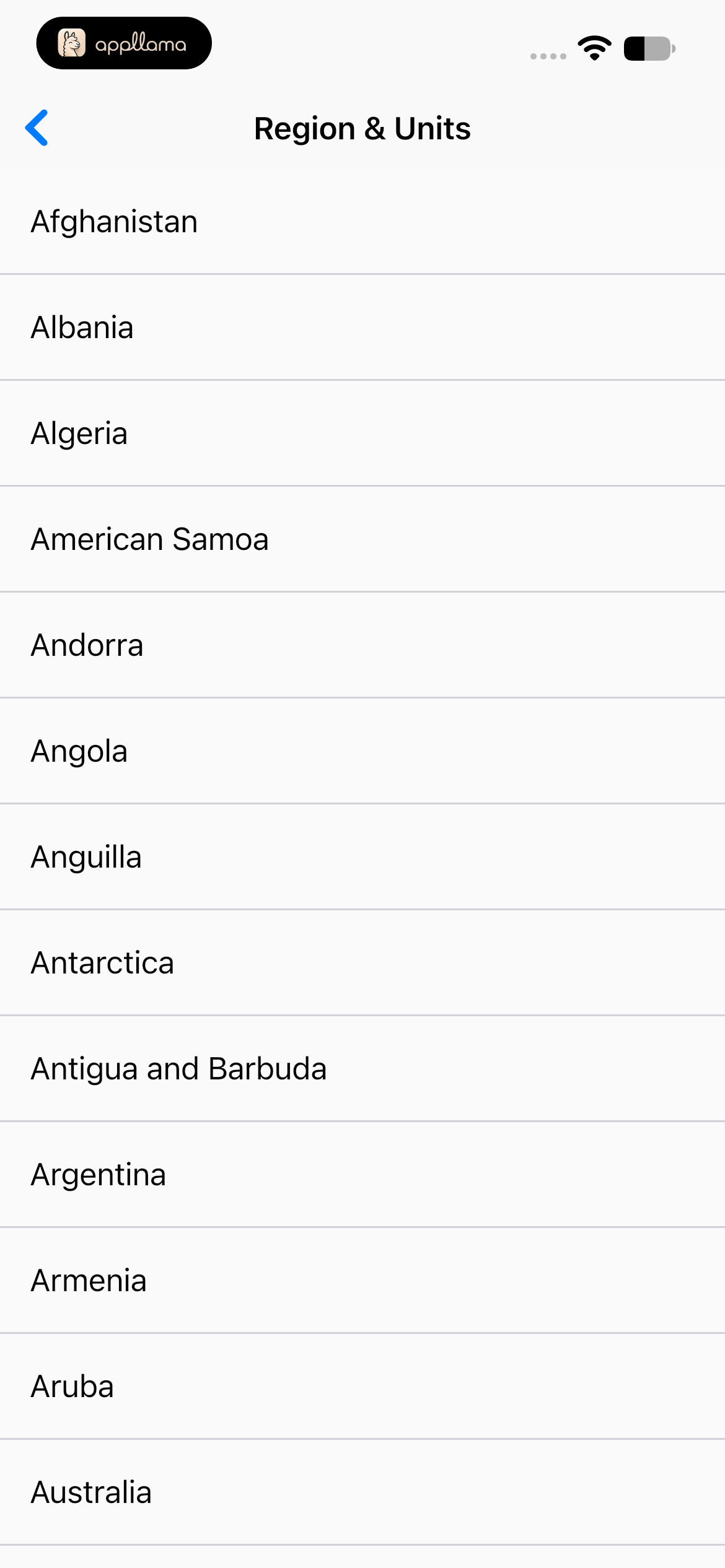 Region and Units Selection
