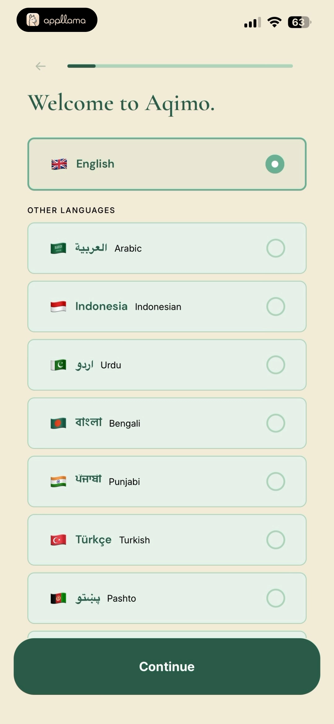 Aqimo: Salah Focus Language Selection
