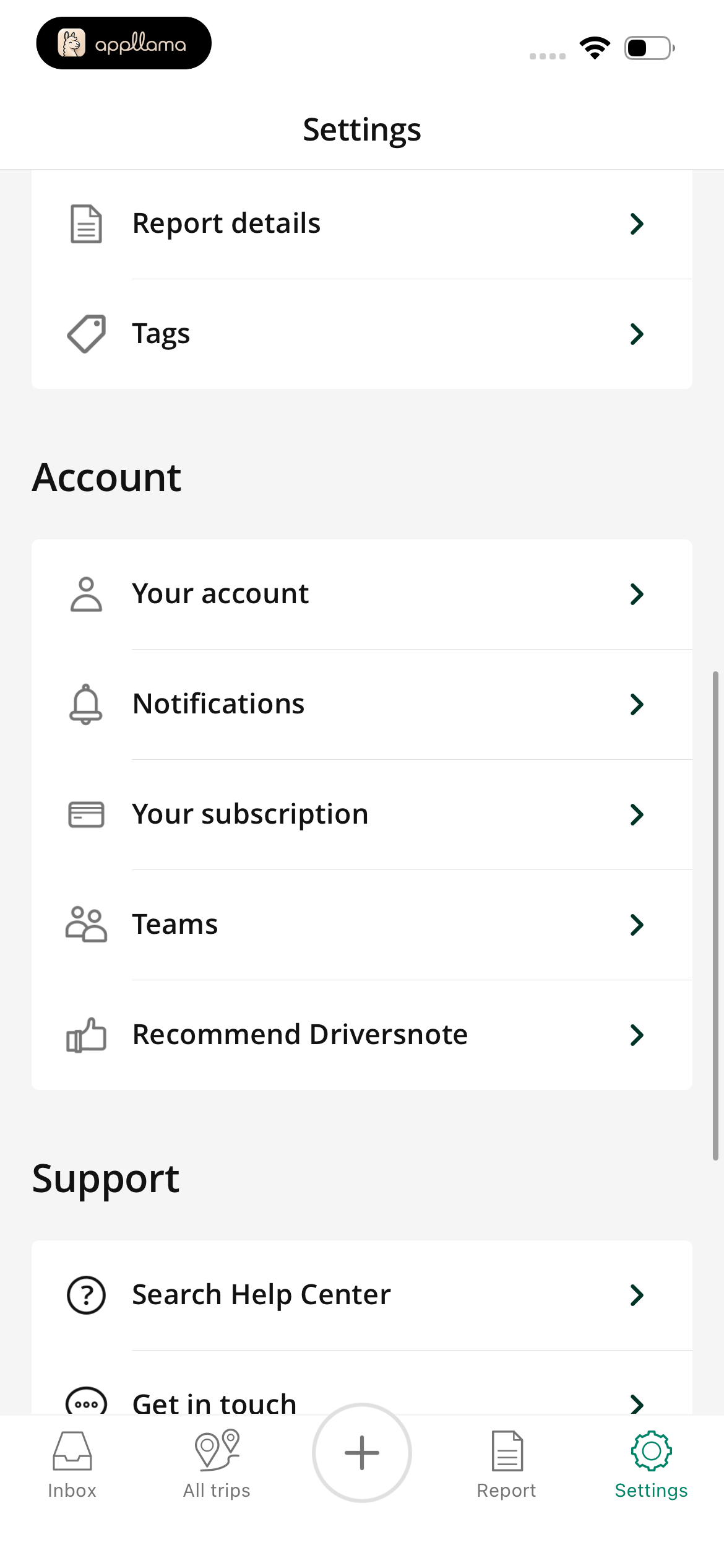 Settings Account Section
