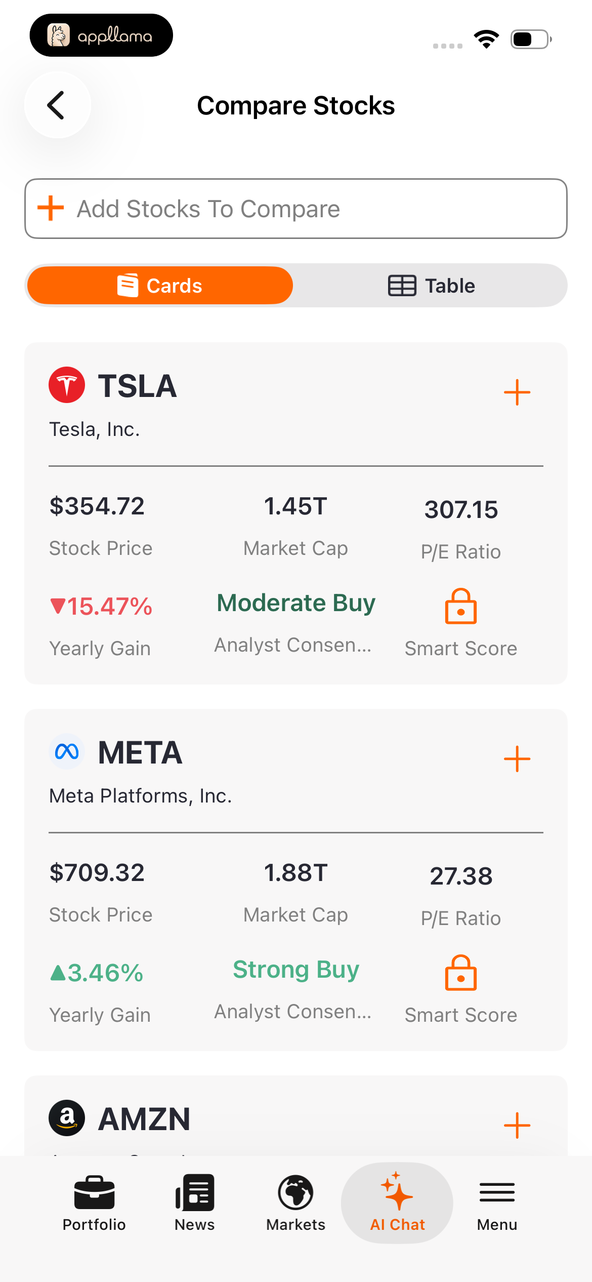 Stock Comparison Cards