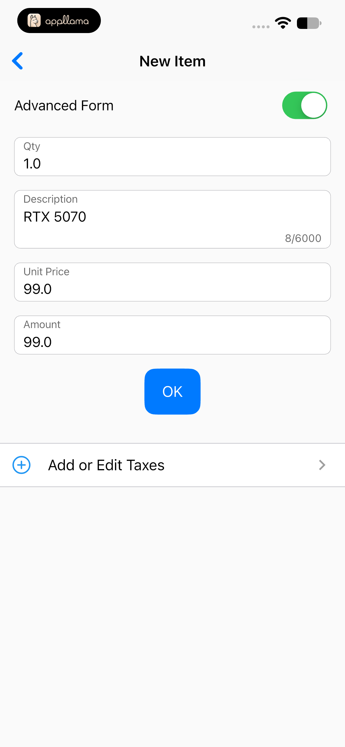 Advanced Invoice Item Form