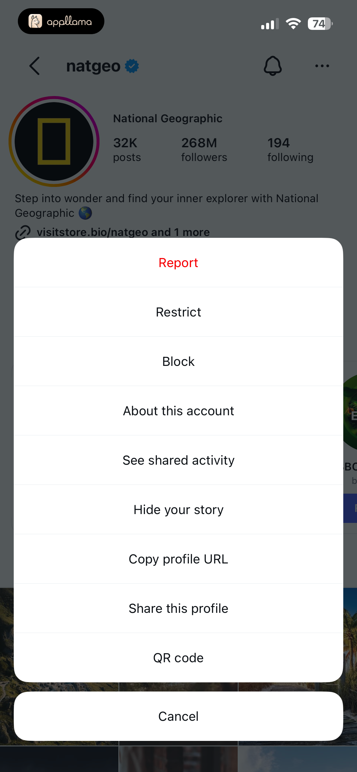 Profile Actions Menu