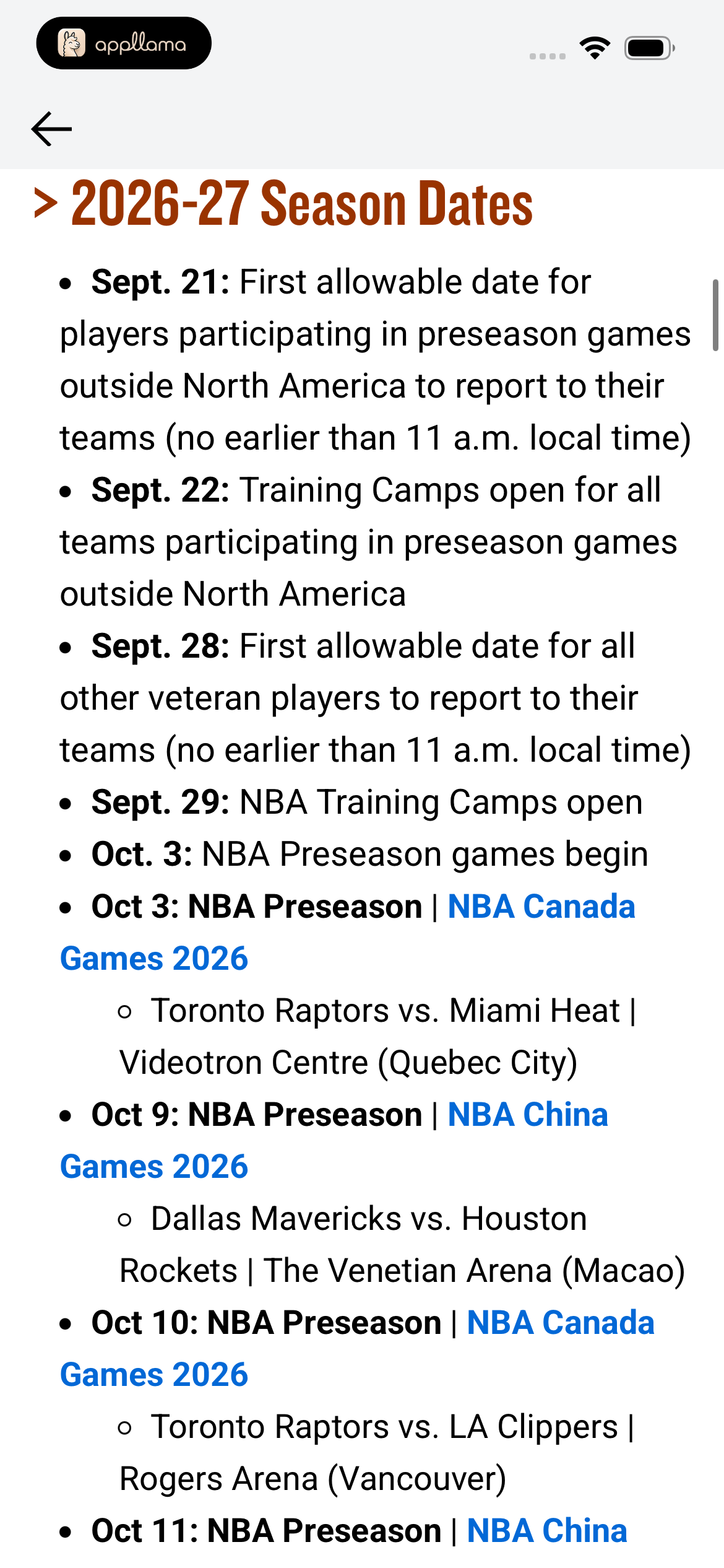 Season Dates Details