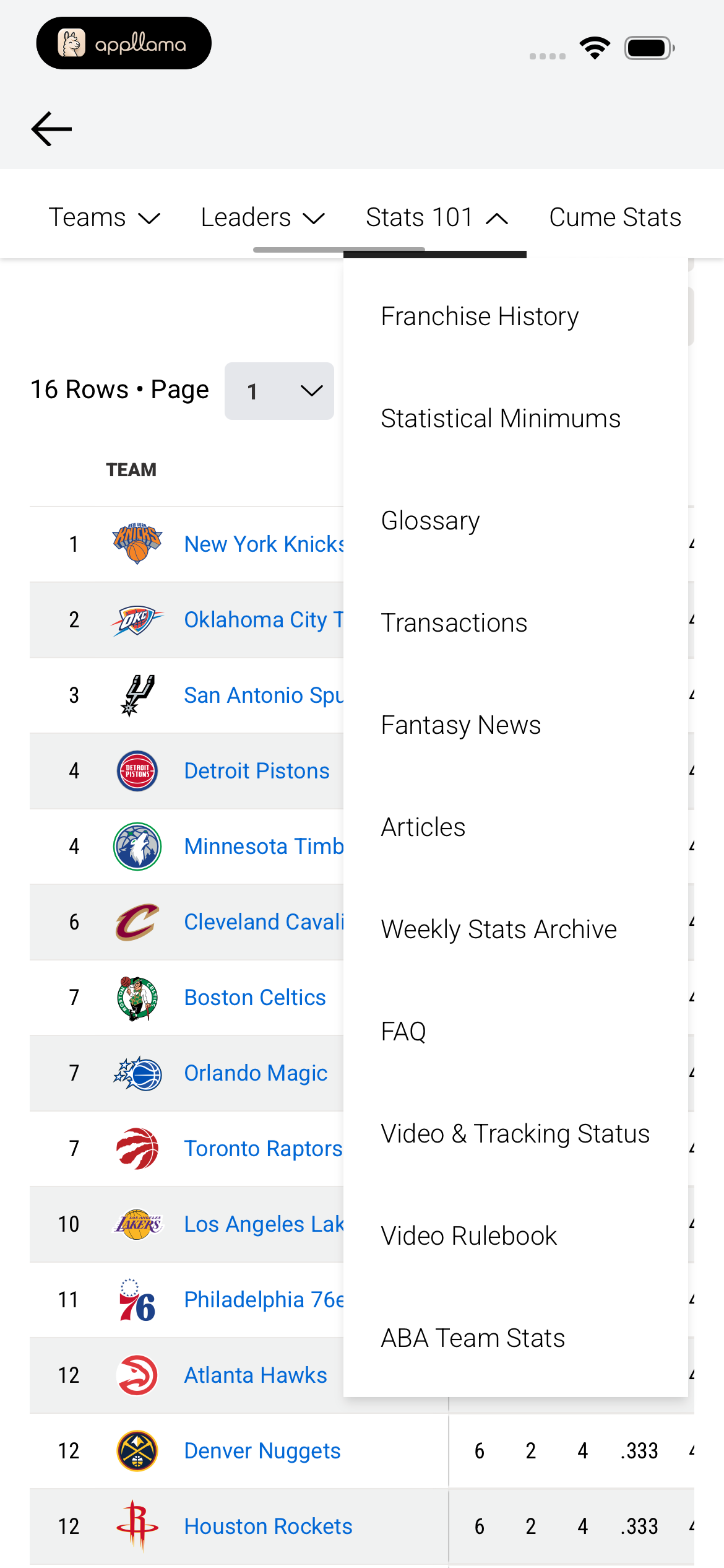 Stats Nav Dropdown
