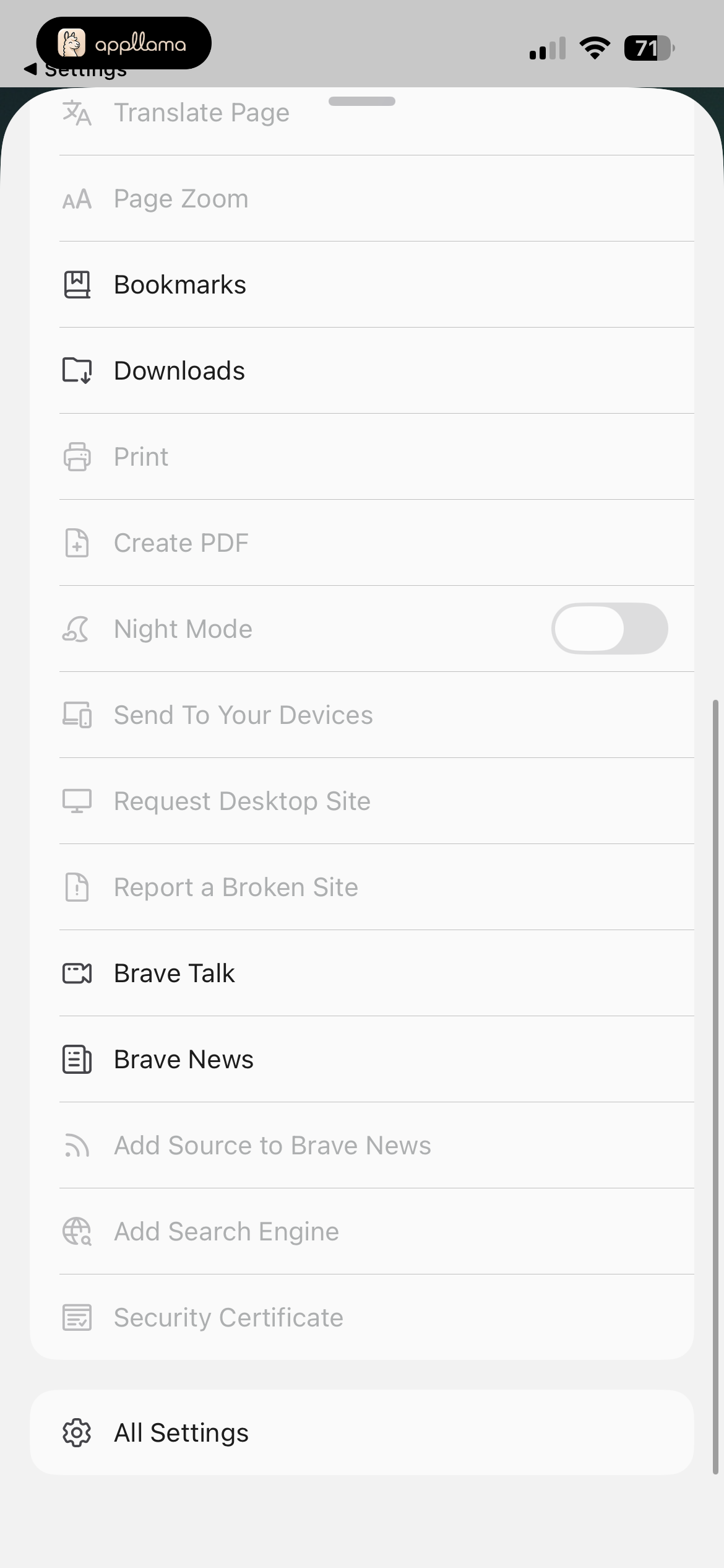 Browser Menu Expanded