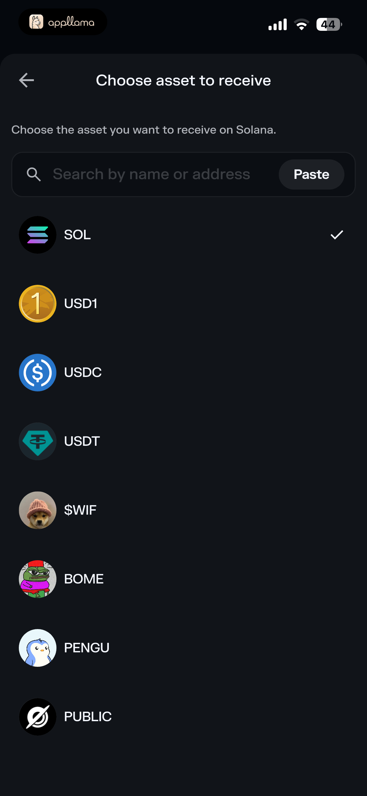 Receive Asset Selector
