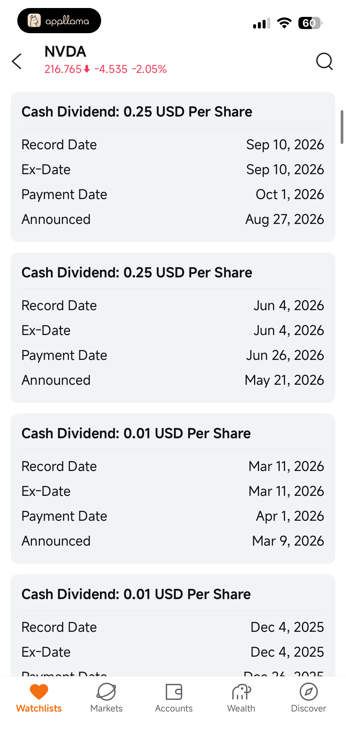 Cash Dividend Events